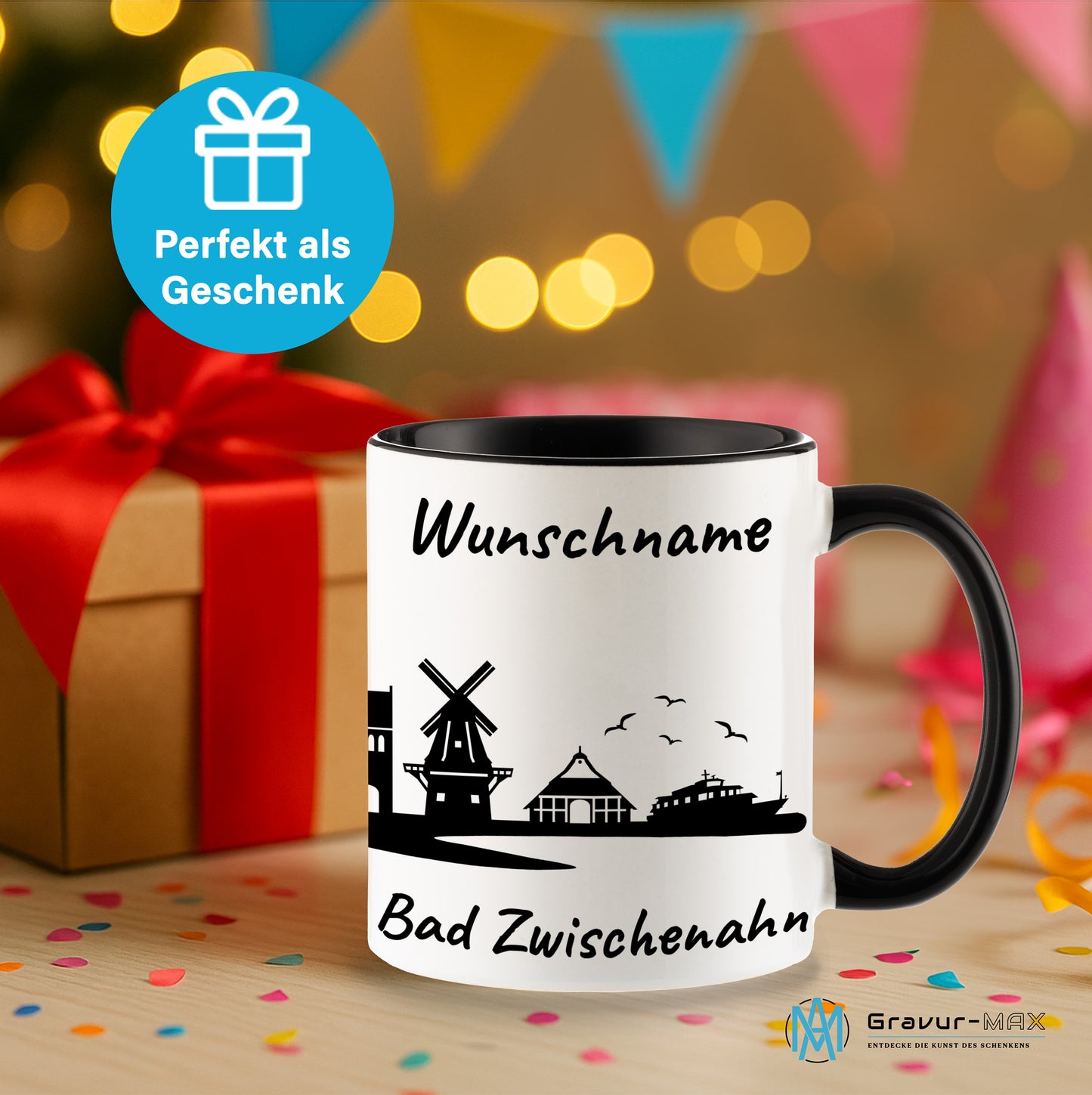 Tasse in Schwarz 330ml bedruckt mit der Skyline von Bad Zwischenahn personalisierbar mit Wunschname