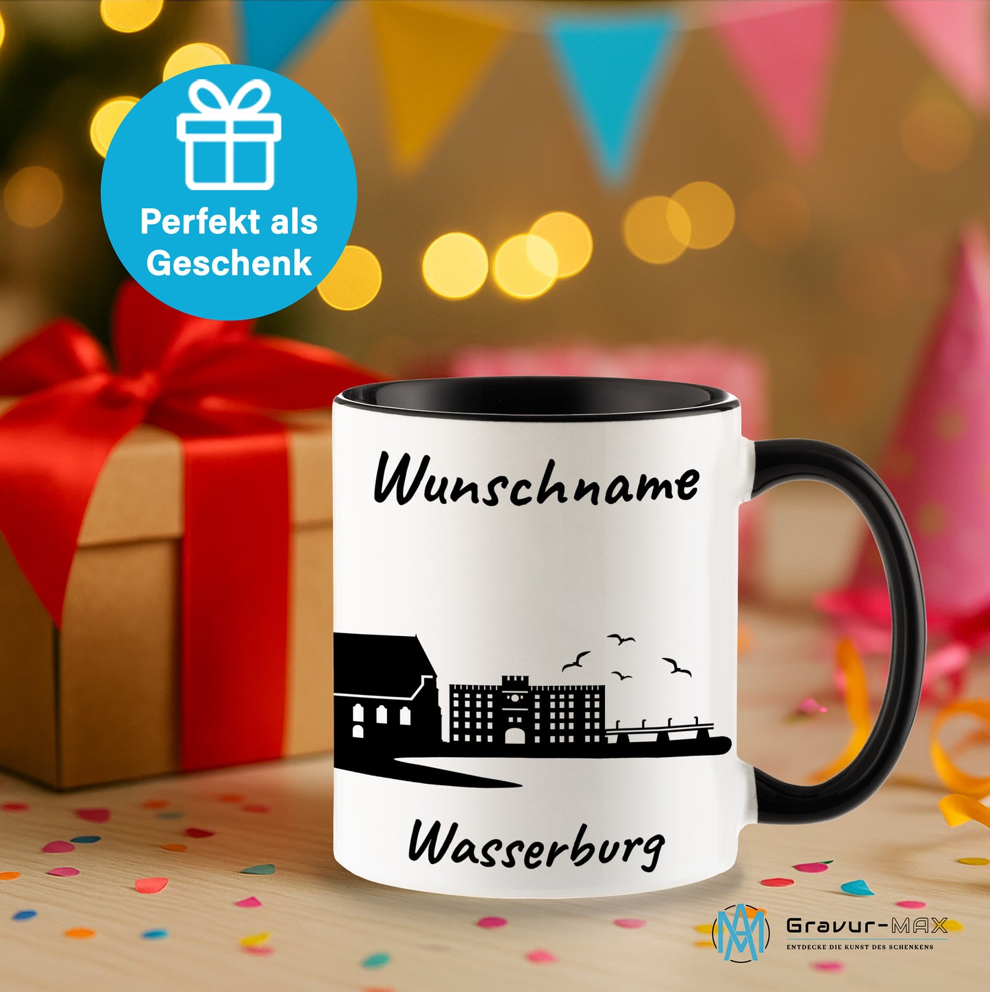 Tasse in Schwarz 330ml bedruckt mit der Skyline von Wasserburg personalisierbar mit Wunschname