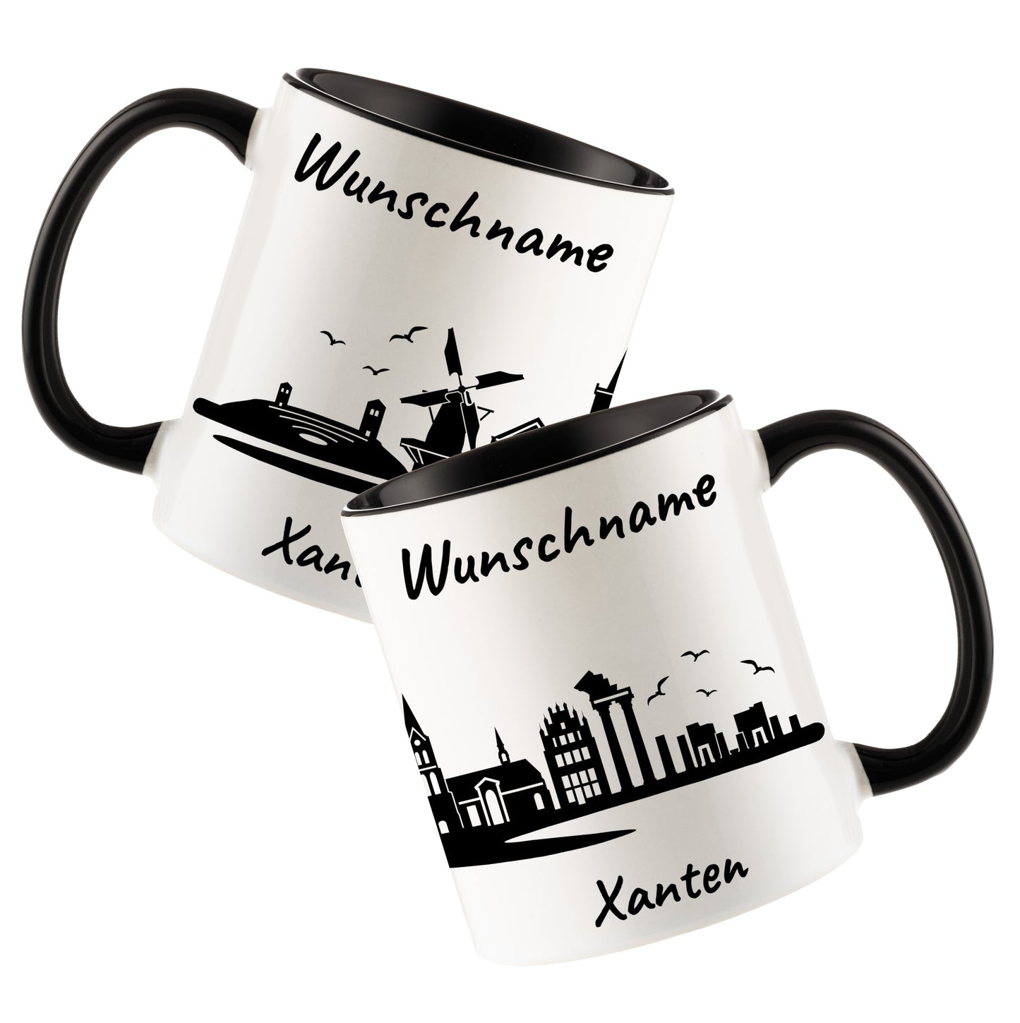 Tasse in Schwarz 330ml bedruckt mit der Skyline von Xanten personalisierbar mit Wunschname