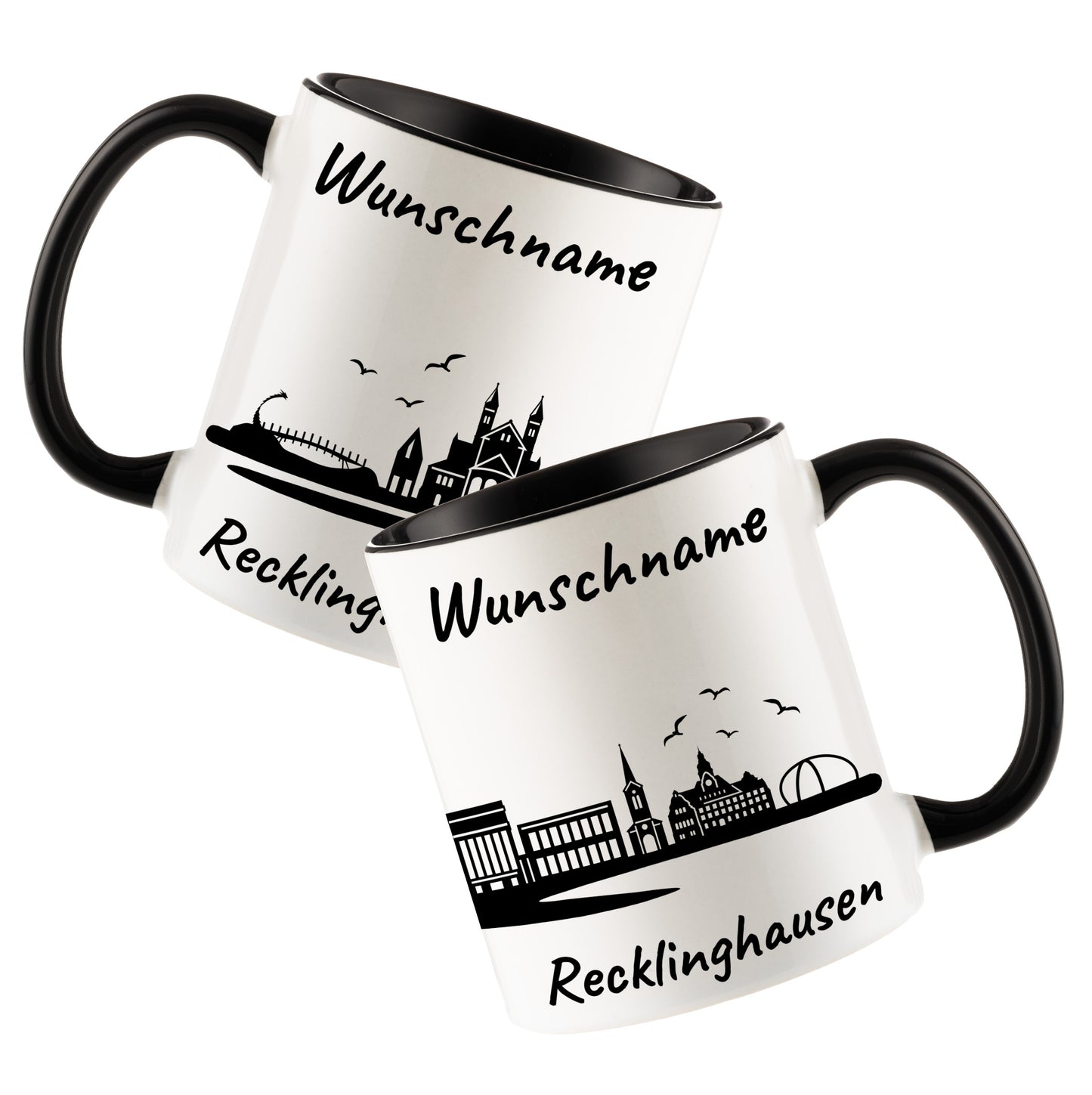 Tasse in Schwarz 330ml bedruckt mit der Skyline von Recklinghausen personalisierbar mit Wunschname