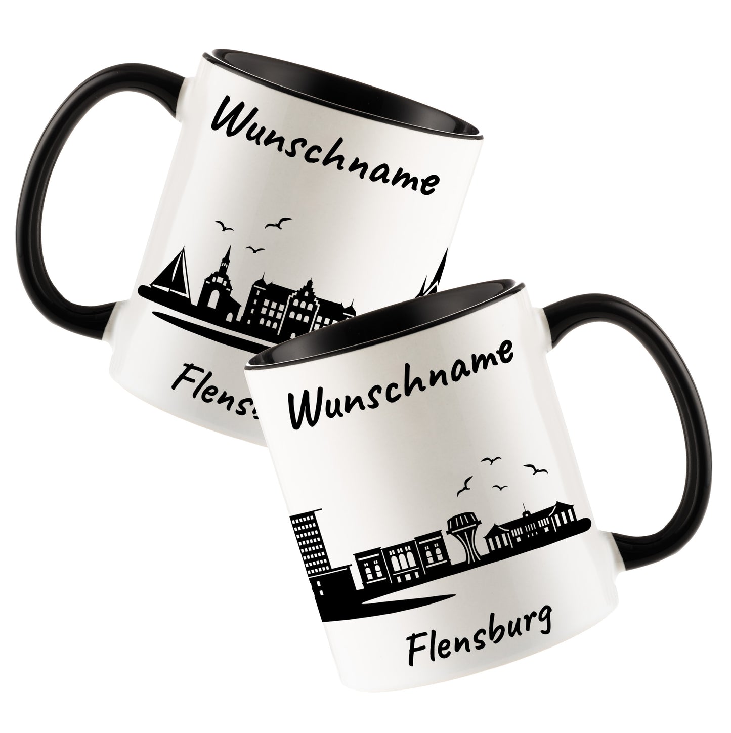 Tasse in Schwarz 330ml bedruckt mit der Skyline von Flensburg personalisierbar mit Wunschname