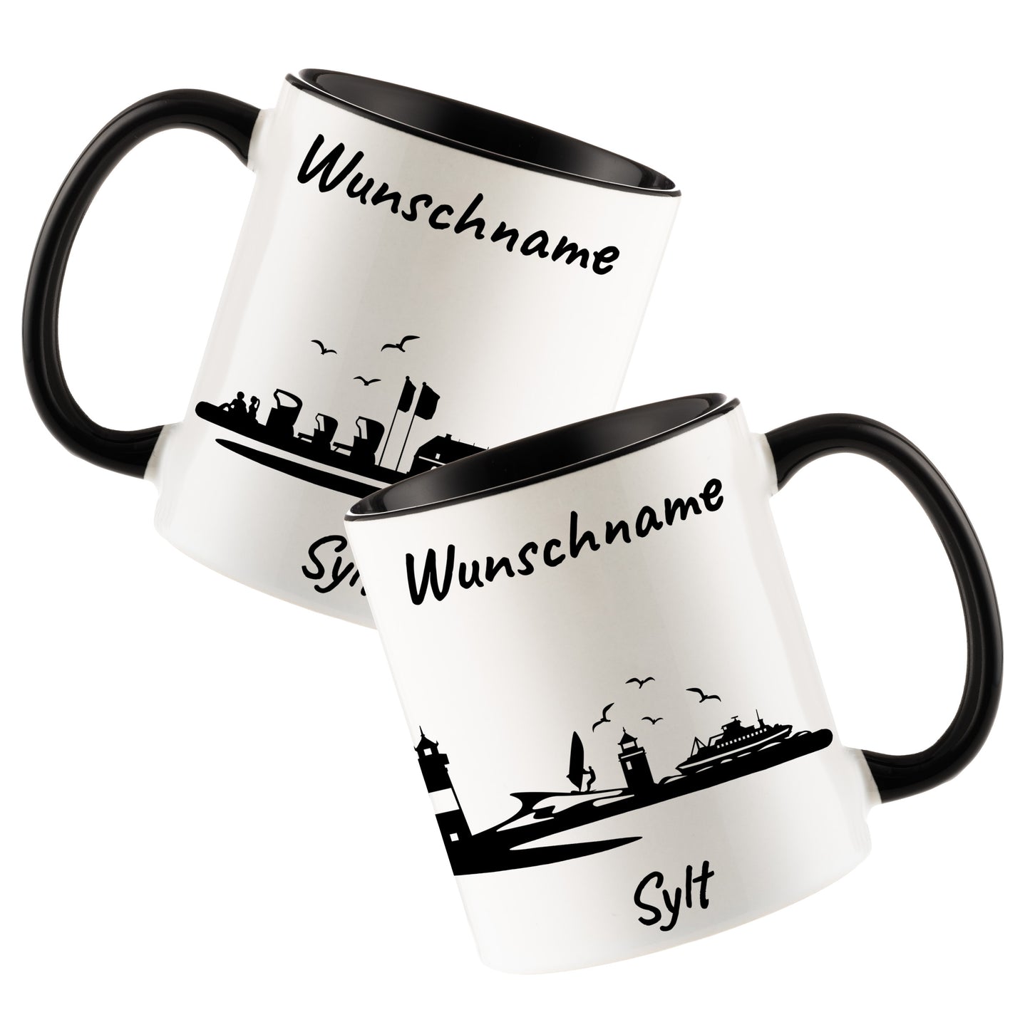 Tasse in Schwarz 330ml bedruckt mit der Skyline von Sylt personalisierbar mit Wunschname