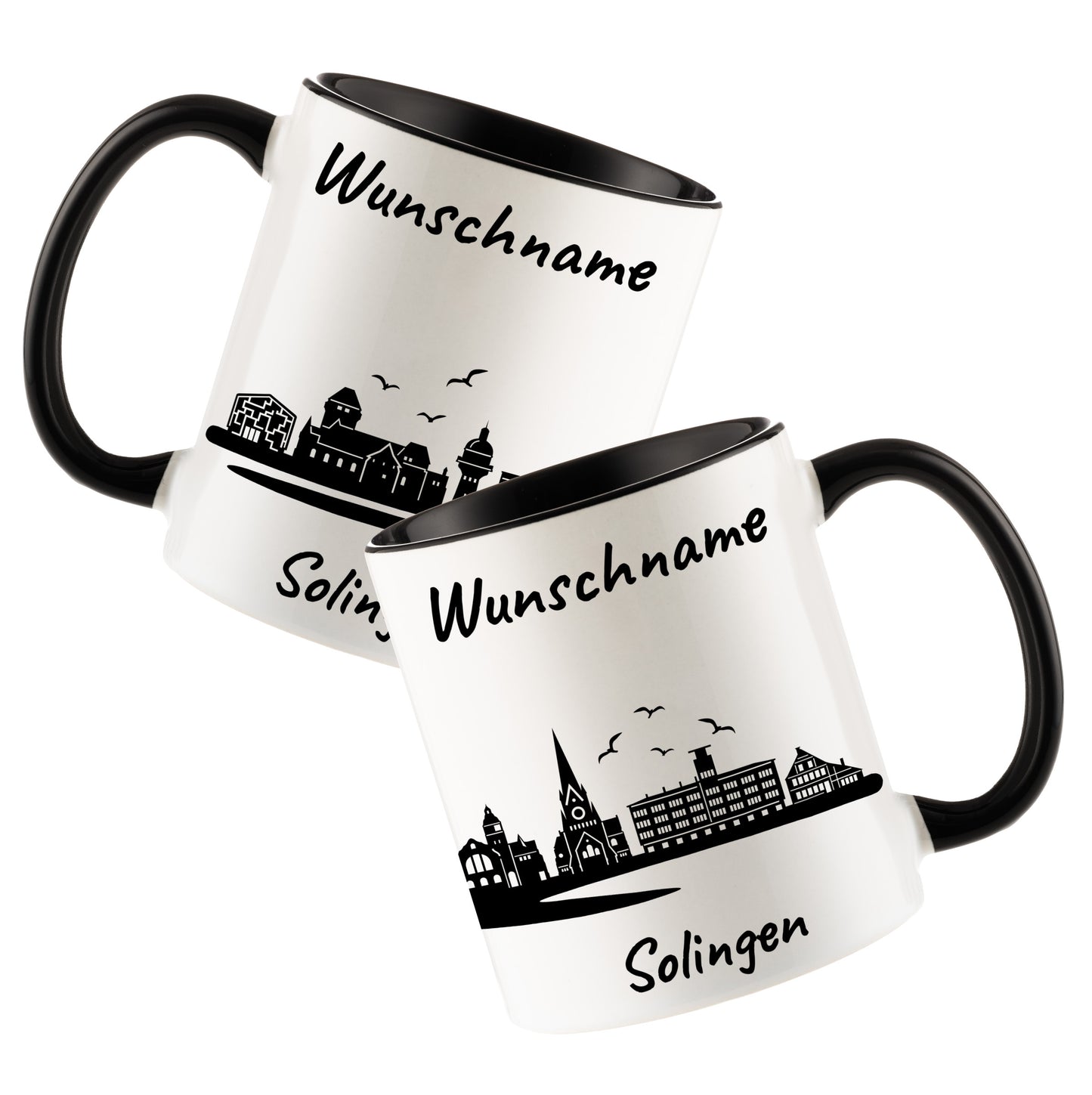 Tasse in Schwarz 330ml bedruckt mit der Skyline von Solingen personalisierbar mit Wunschname