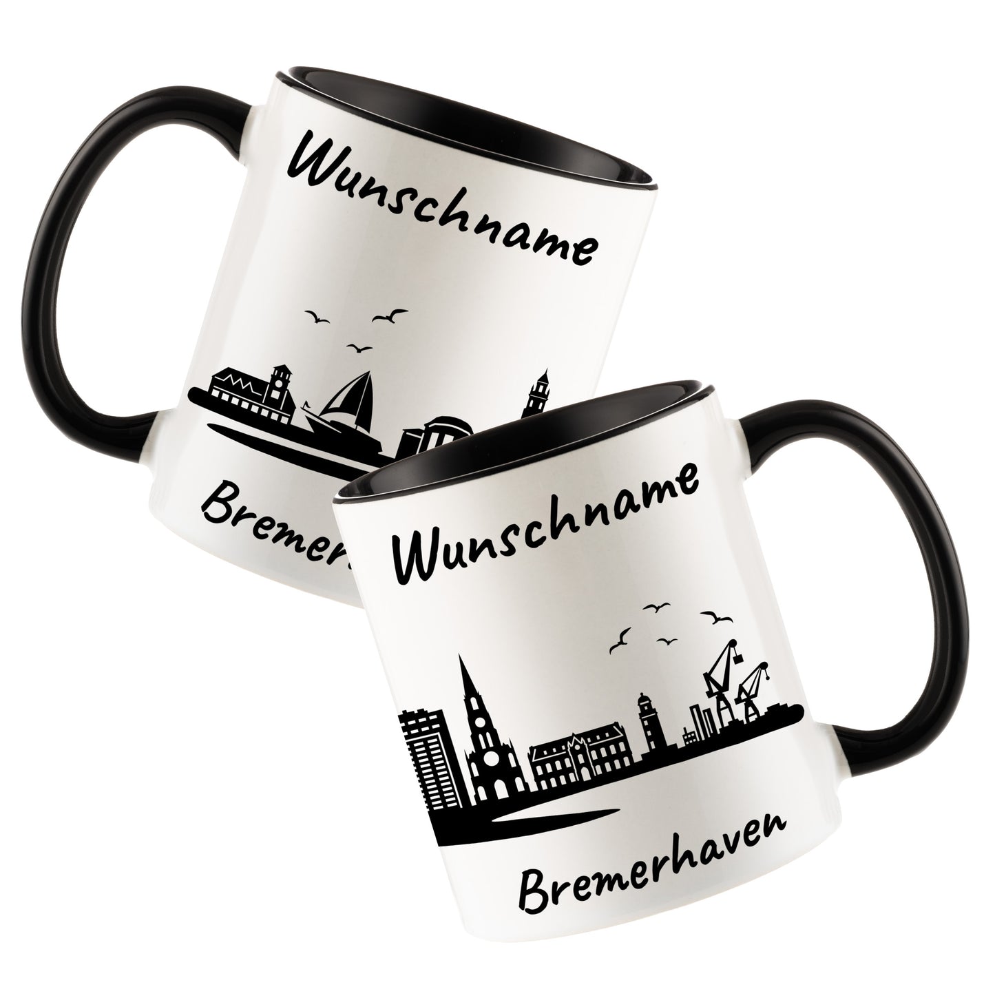 Tasse in Schwarz 330ml bedruckt mit der Skyline von Bremerhaven personalisierbar mit Wunschname