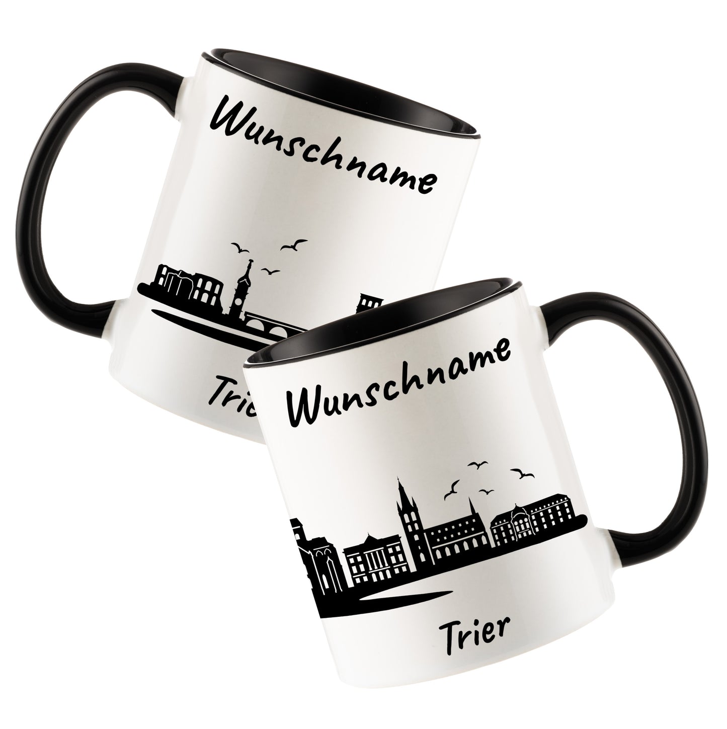 Tasse in Schwarz 330ml bedruckt mit der Skyline von Trier personalisierbar mit Wunschname