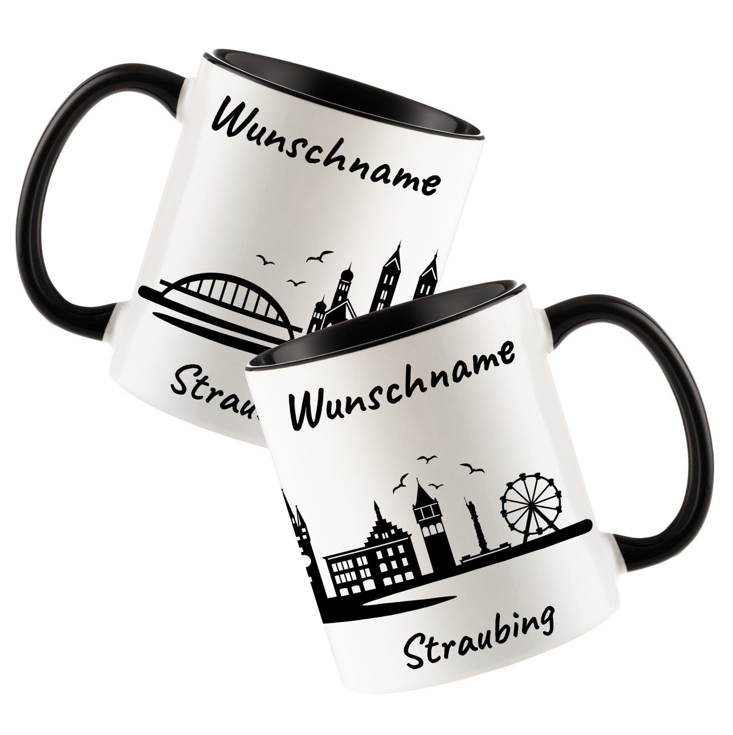 Tasse in Schwarz 330ml bedruckt mit der Skyline von Straubing personalisierbar mit Wunschname