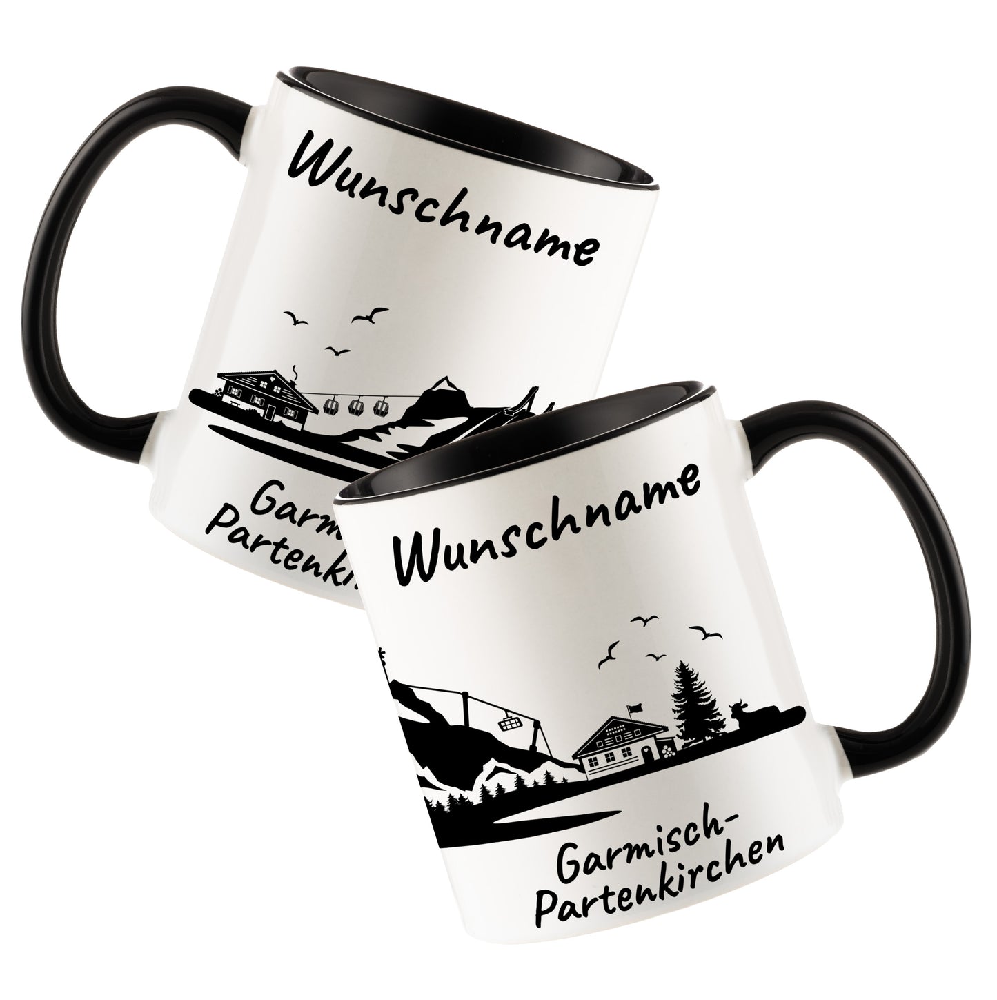 Tasse in Schwarz 330ml bedruckt mit der Skyline von Garmisch-Partenkirchen personalisierbar mit Wunschname