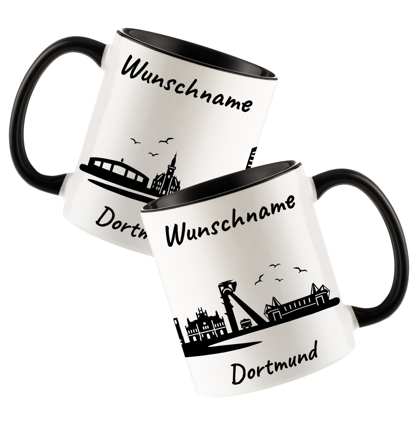 Tasse in Schwarz 330ml bedruckt mit der Skyline von Dortmund personalisierbar mit Wunschname