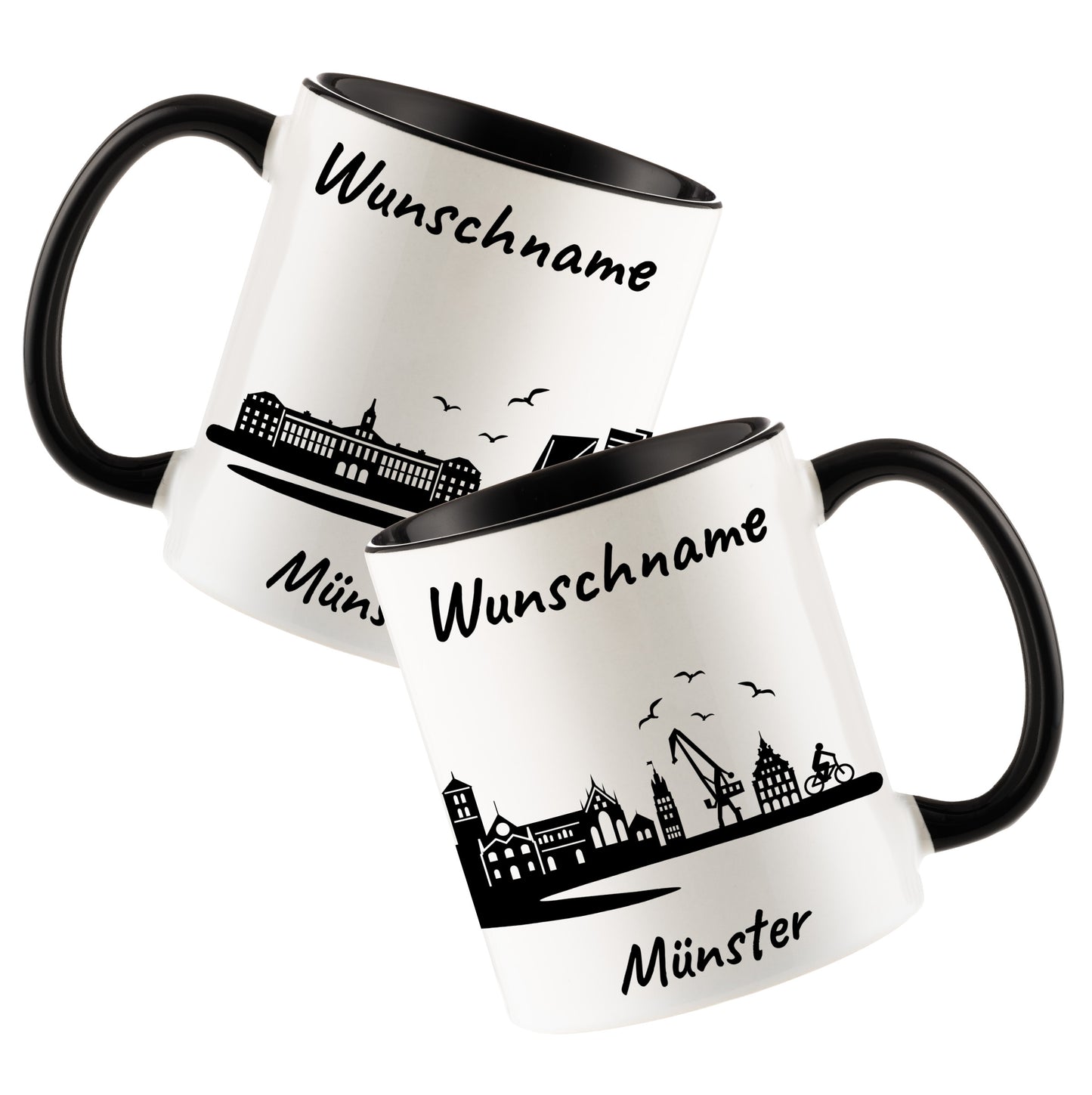 Tasse in Schwarz 330ml bedruckt mit der Skyline von Münster personalisierbar mit Wunschname