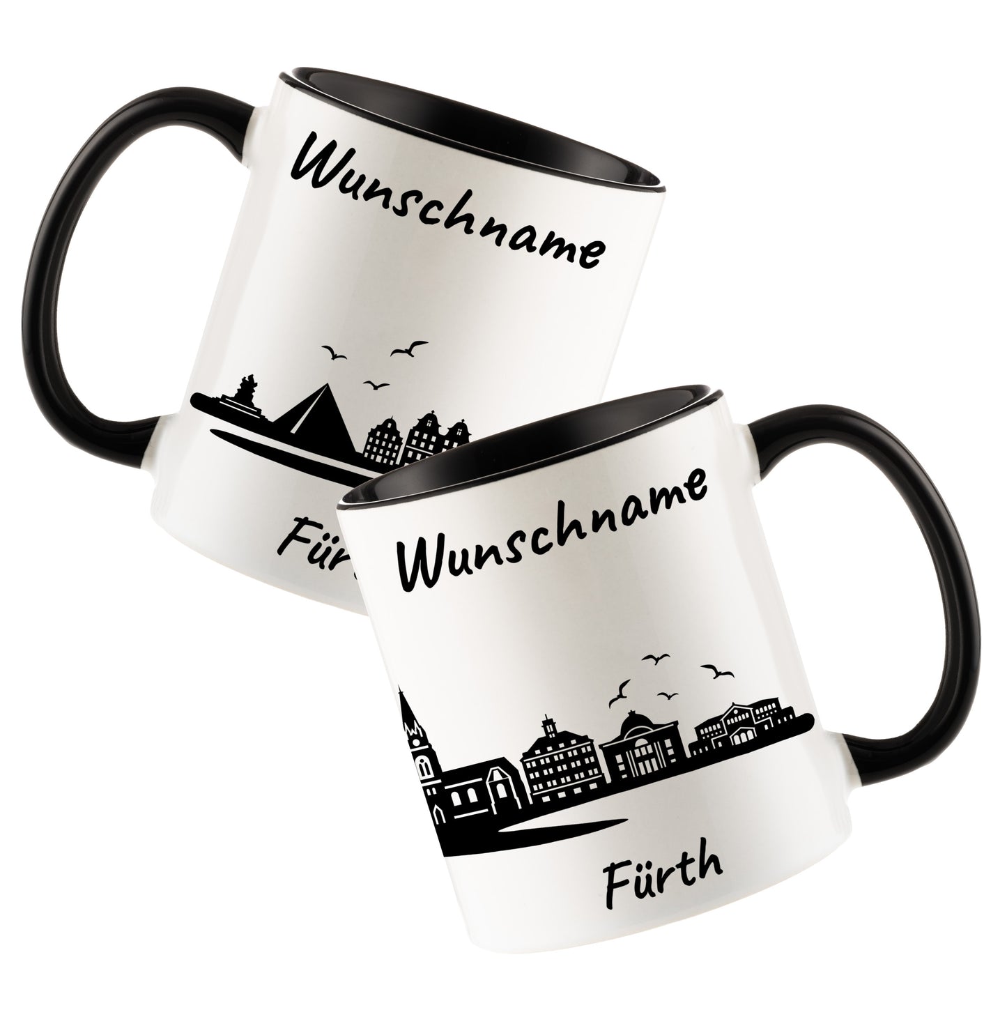 Tasse in Schwarz 330ml bedruckt mit der Skyline von Fürth personalisierbar mit Wunschname