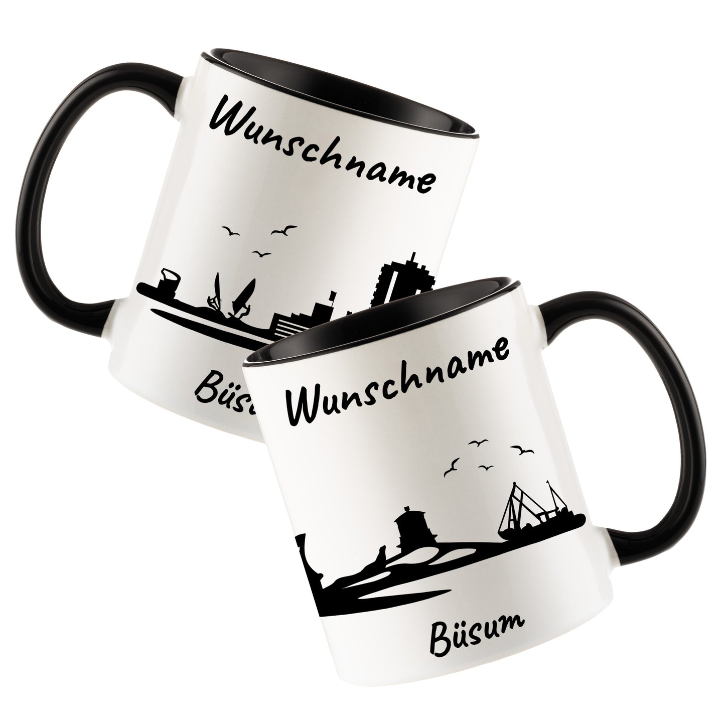 Tasse in Schwarz 330ml bedruckt mit der Skyline von Büsum personalisierbar mit Wunschname