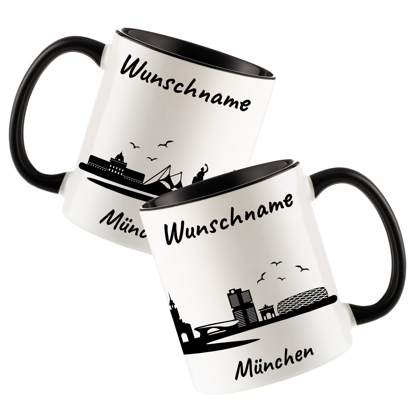 Tasse in Schwarz 330ml bedruckt mit der Skyline von München personalisierbar mit Wunschname