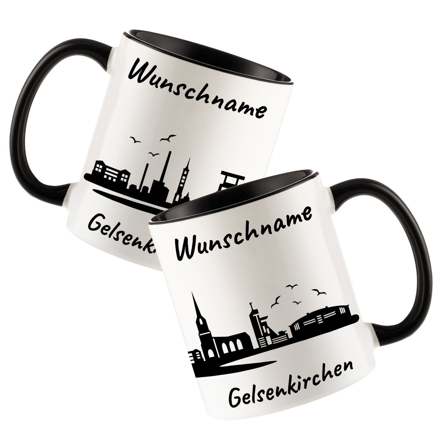 Tasse in Schwarz 330ml bedruckt mit der Skyline von Gelsenkirchen personalisierbar mit Wunschname