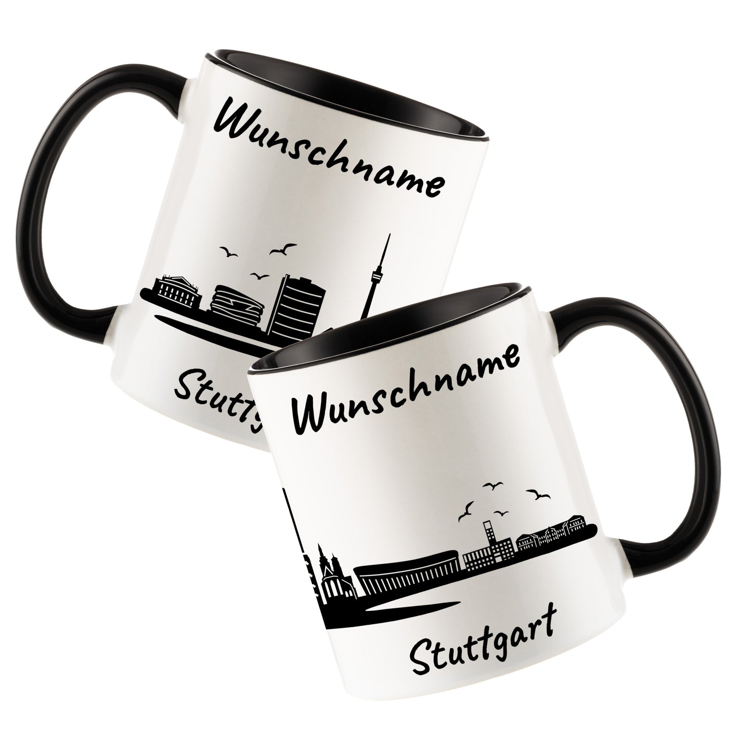 Tasse in Schwarz 330ml bedruckt mit der Skyline von Stuttgart personalisierbar mit Wunschname