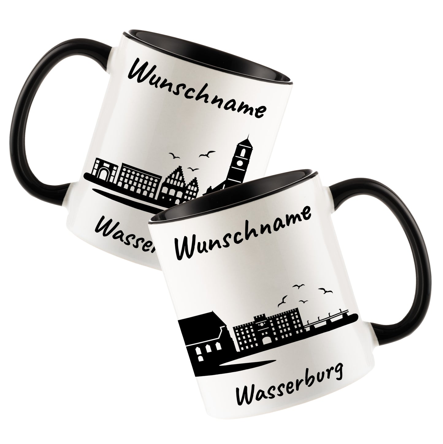 Tasse in Schwarz 330ml bedruckt mit der Skyline von Wasserburg personalisierbar mit Wunschname