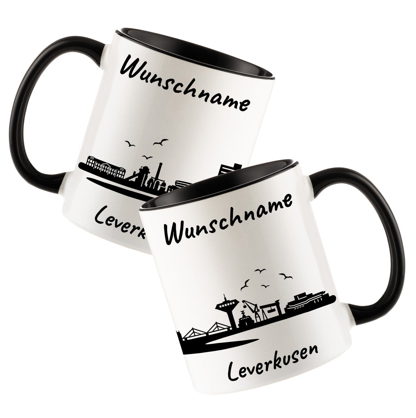 Tasse in Schwarz 330ml bedruckt mit der Skyline von Leverkusen personalisierbar mit Wunschname