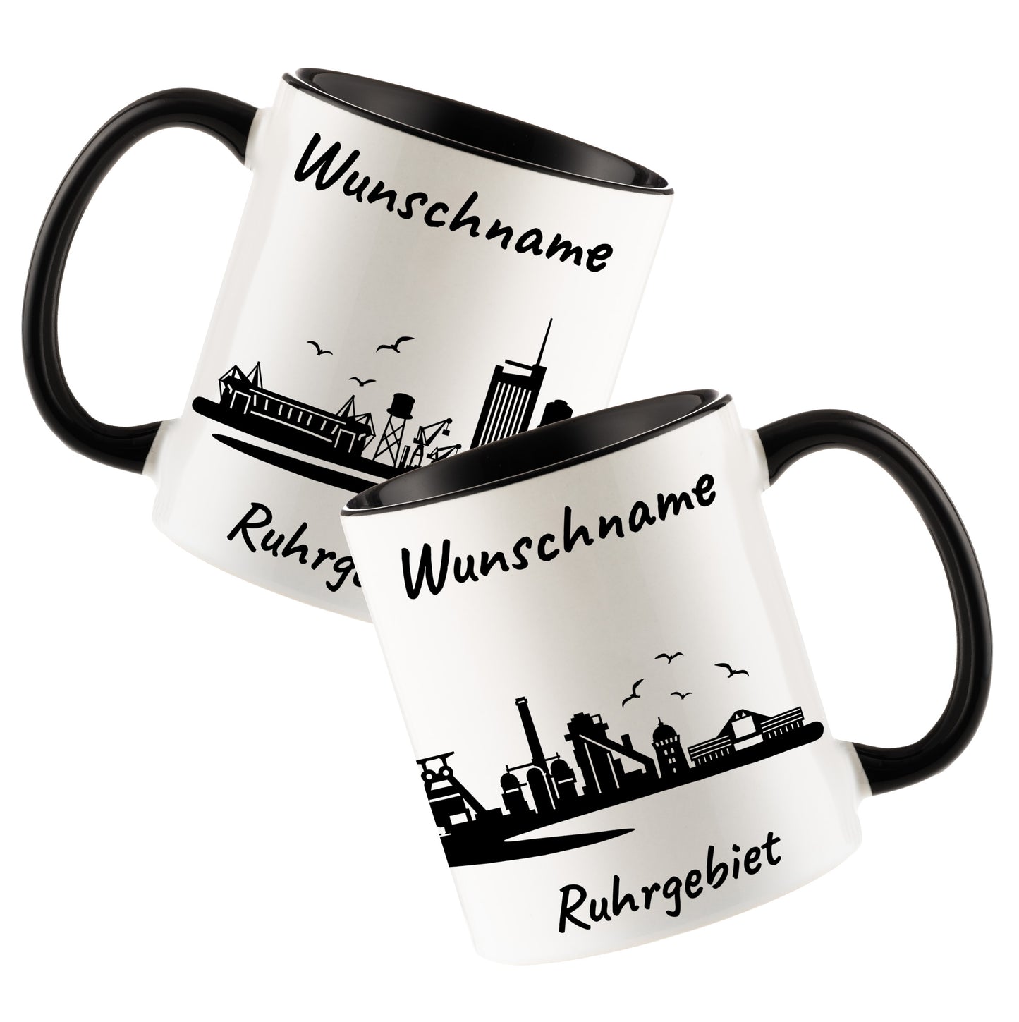 Tasse in Schwarz 330ml bedruckt mit der Skyline von Ruhrgebiet personalisierbar mit Wunschname