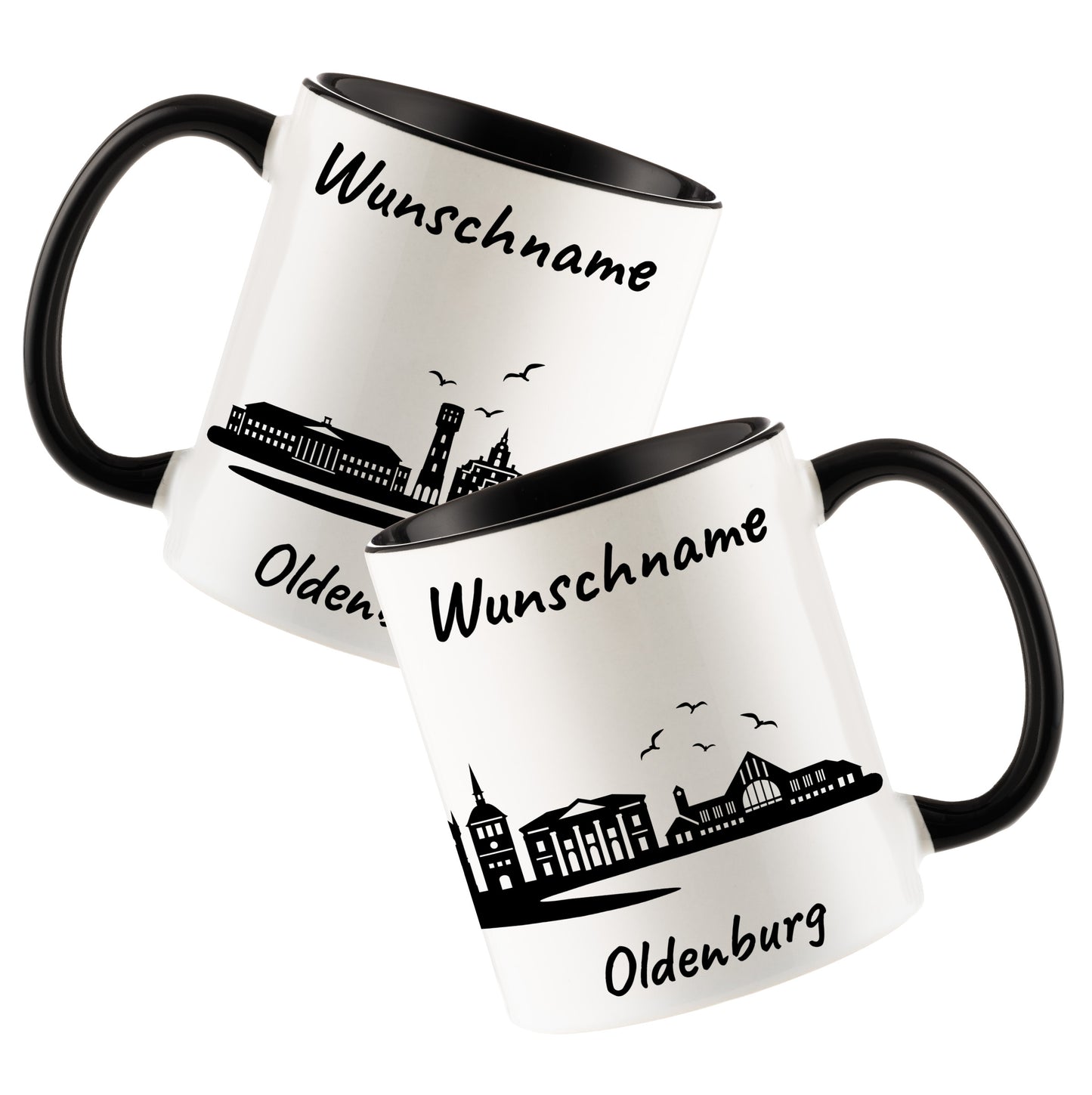 Tasse in Schwarz 330ml bedruckt mit der Skyline von Oldenburg personalisierbar mit Wunschname