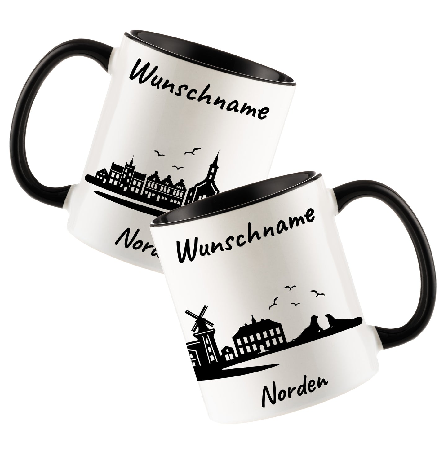 Tasse in Schwarz 330ml bedruckt mit der Skyline von Norden personalisierbar mit Wunschname