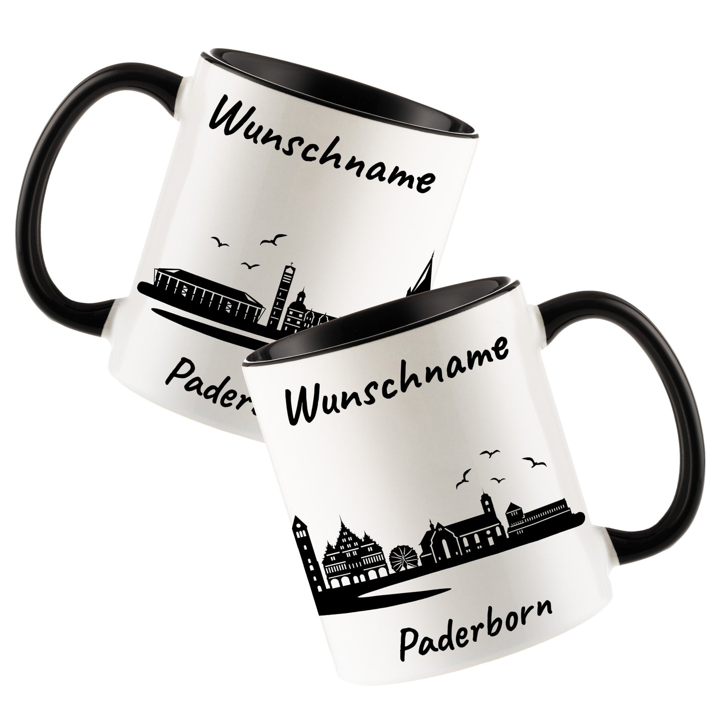 Tasse in Schwarz 330ml bedruckt mit der Skyline von Paderborn personalisierbar mit Wunschname