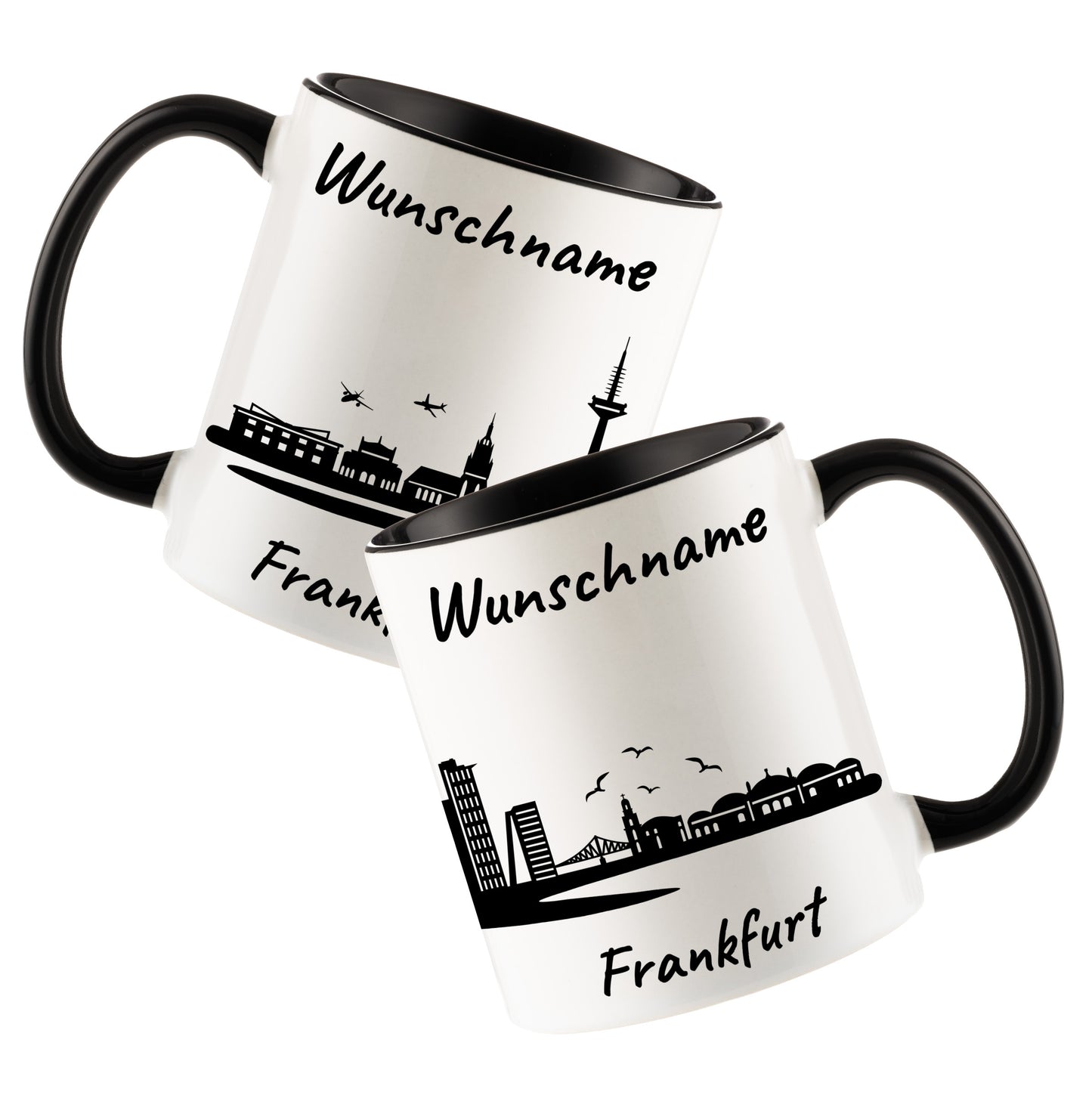 Tasse in Schwarz 330ml bedruckt mit der Skyline von Frankfurt personalisierbar mit Wunschname