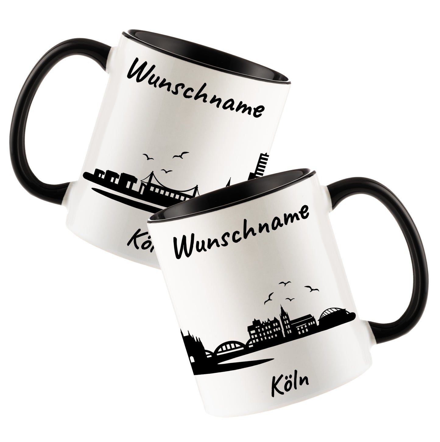 Tasse in Schwarz 330ml bedruckt mit der Skyline von Köln personalisierbar mit Wunschname