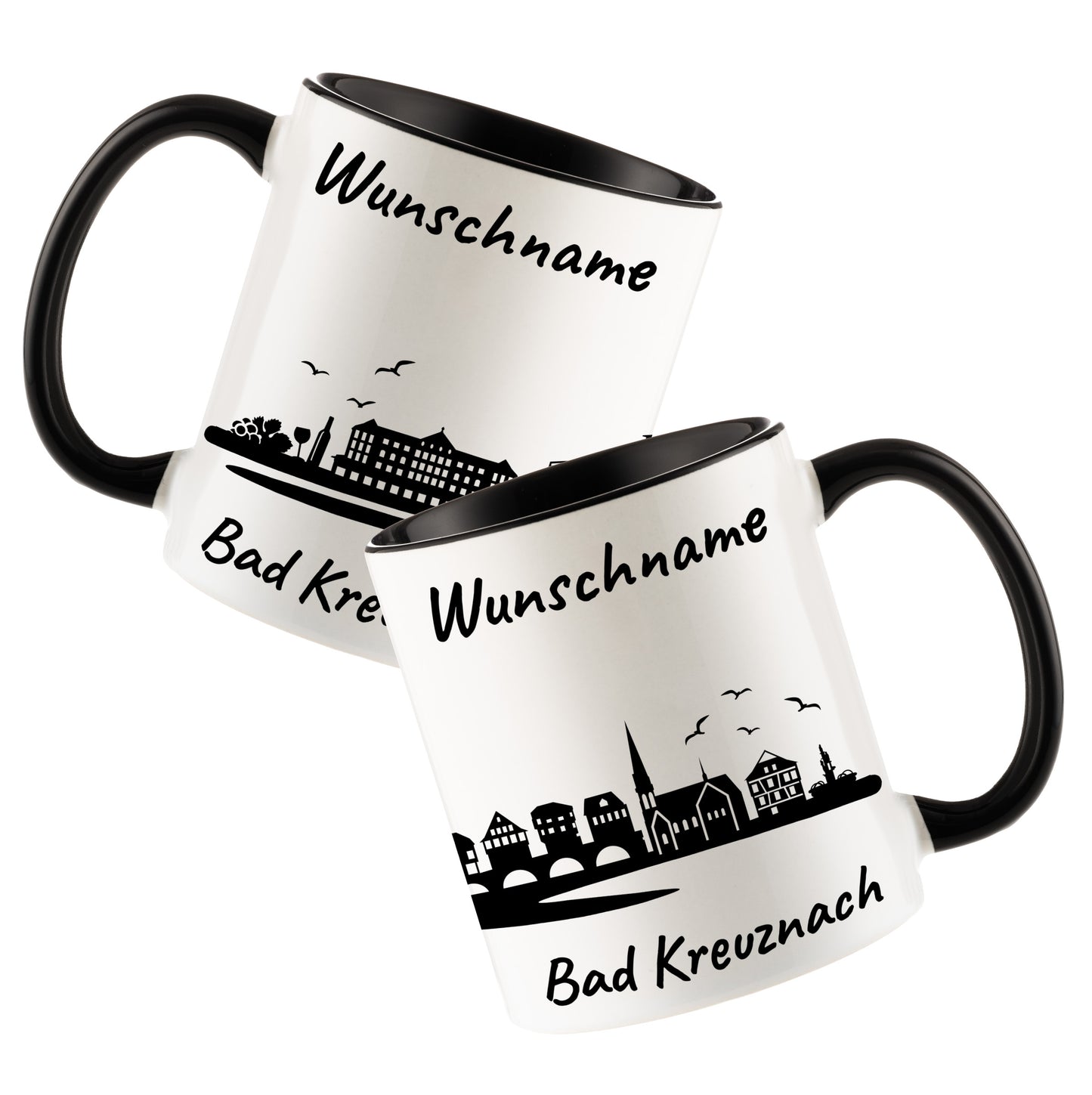 Tasse in Schwarz 330ml bedruckt mit der Skyline von Bad Kreuznach personalisierbar mit Wunschname