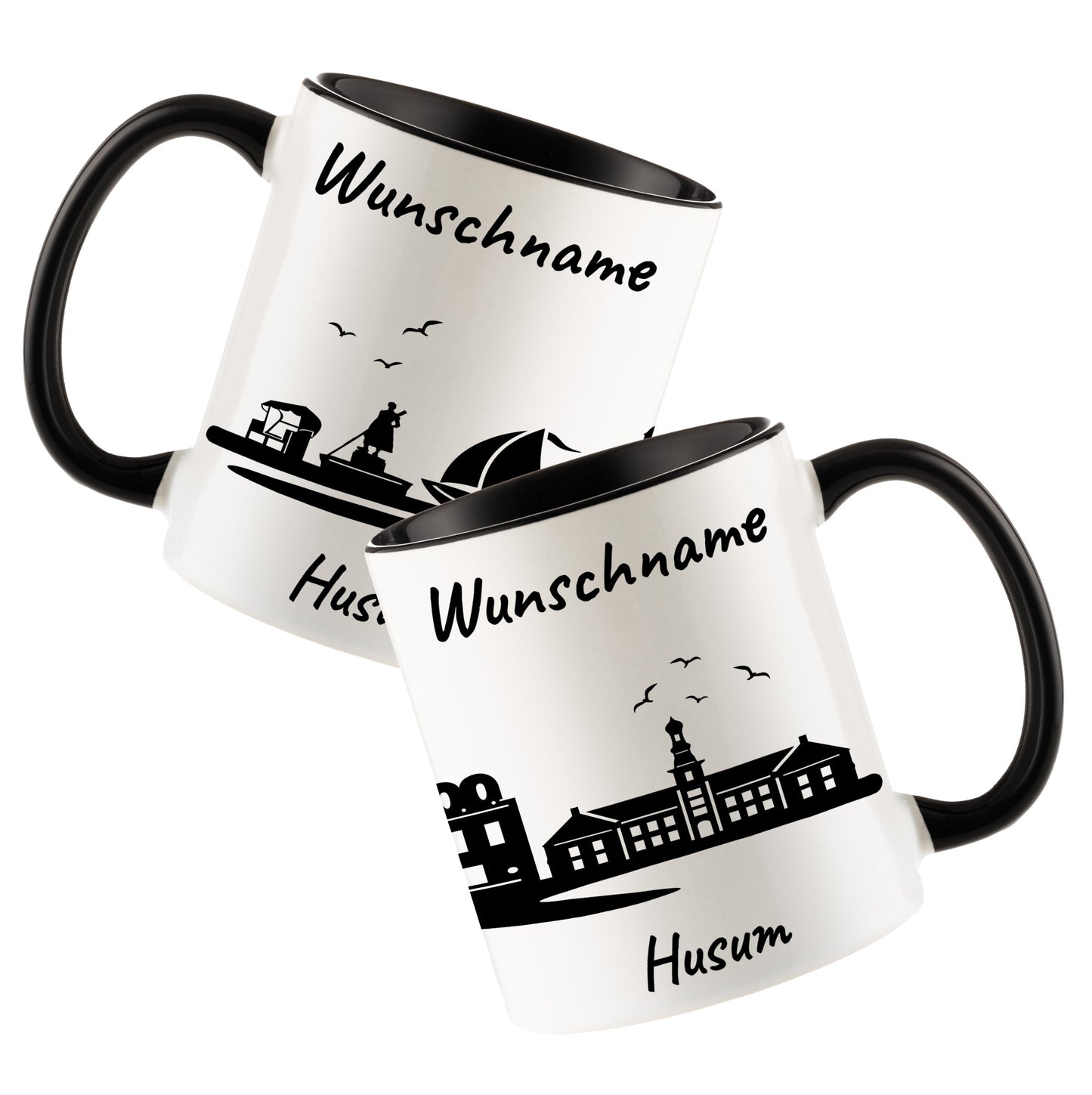 Tasse in Schwarz 330ml bedruckt mit der Skyline von Husum personalisierbar mit Wunschname