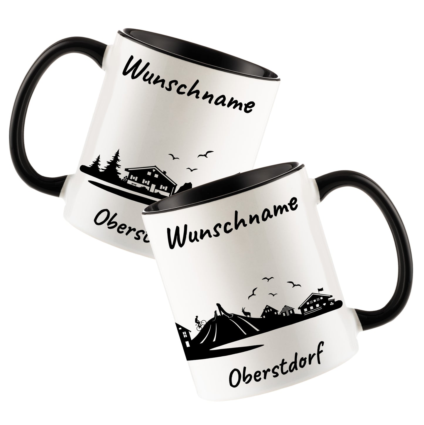Tasse in Schwarz 330ml bedruckt mit der Skyline von Oberstdorf personalisierbar mit Wunschname