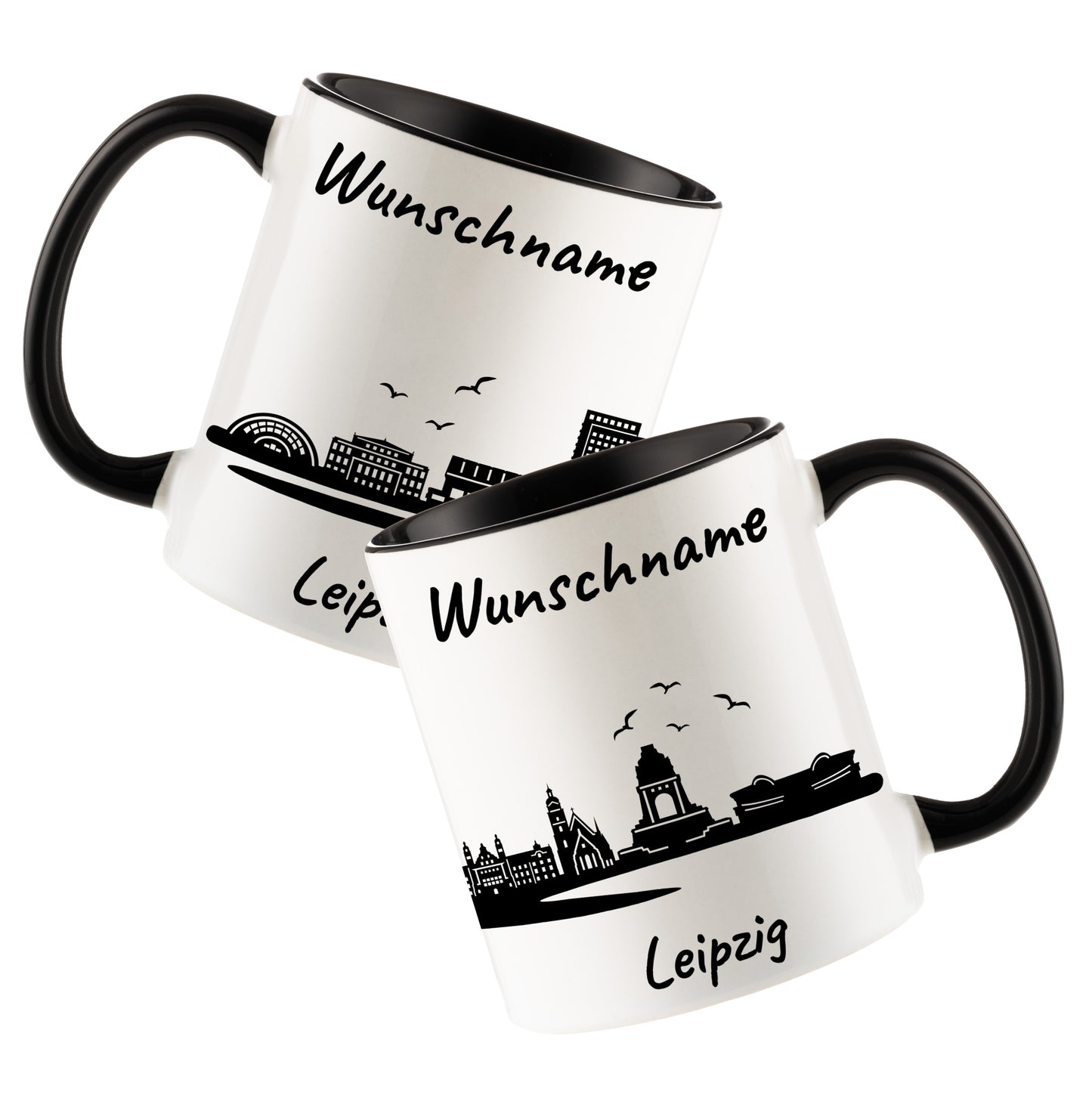Tasse in Schwarz 330ml bedruckt mit der Skyline von Leipzig personalisierbar mit Wunschname