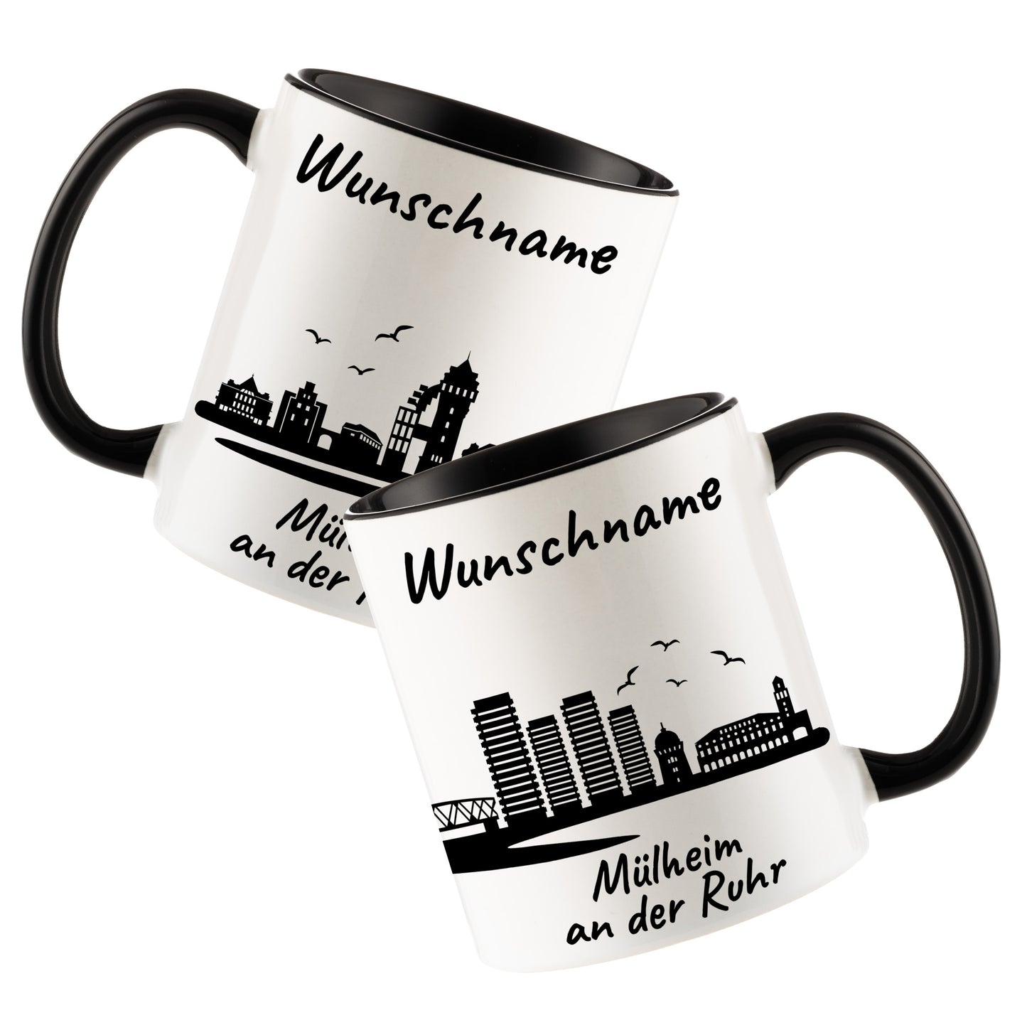 Tasse in Schwarz 330ml bedruckt mit der Skyline von Mülheim an der Ruhr personalisierbar mit Wunschname