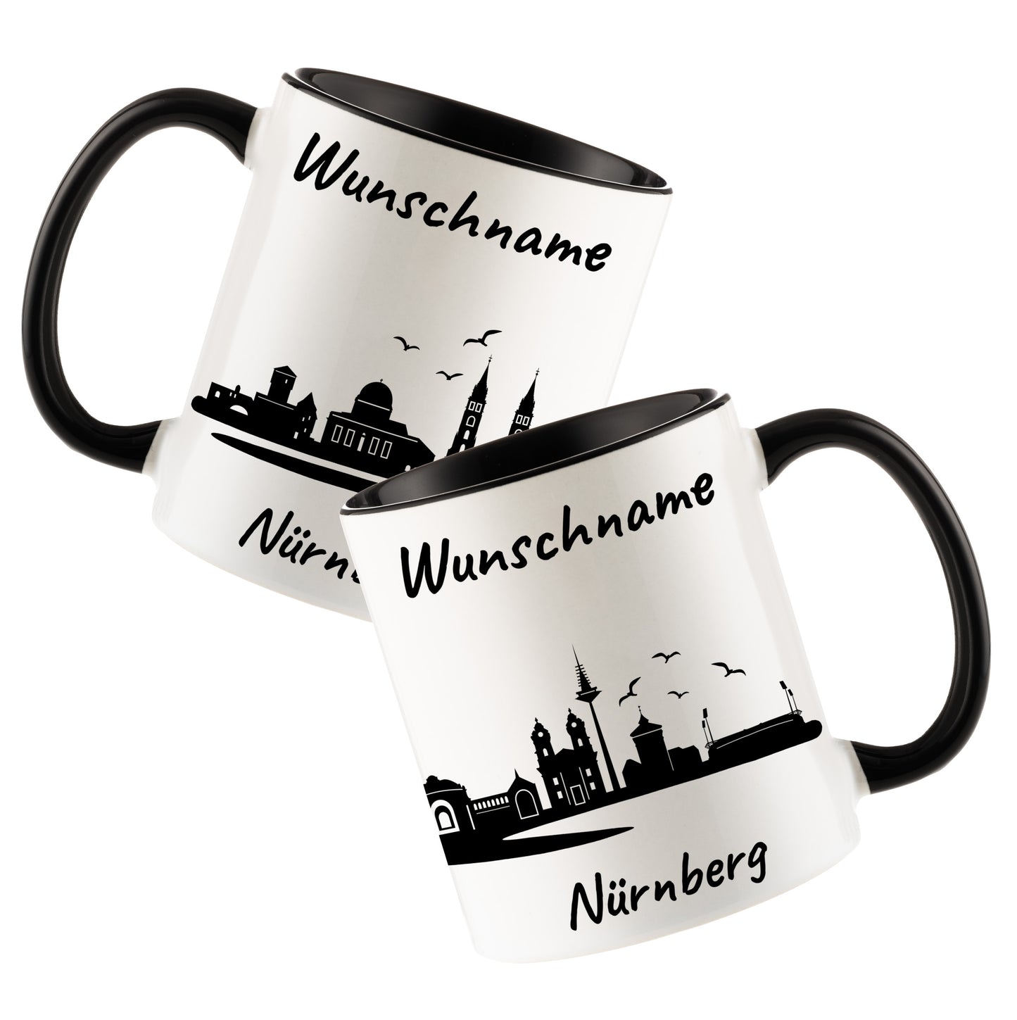 Tasse in Schwarz 330ml bedruckt mit der Skyline von Nürnberg personalisierbar mit Wunschname