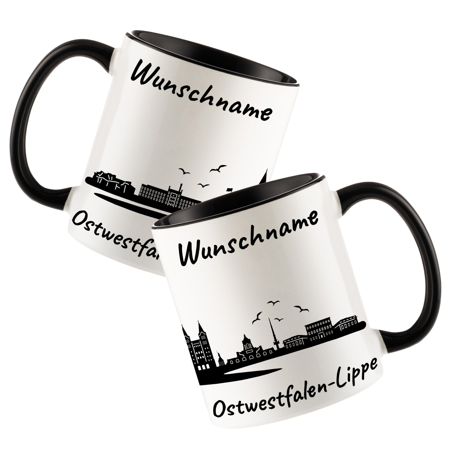 Tasse in Schwarz 330ml bedruckt mit der Skyline von Ostwestfalen-Lippe personalisierbar mit Wunschname