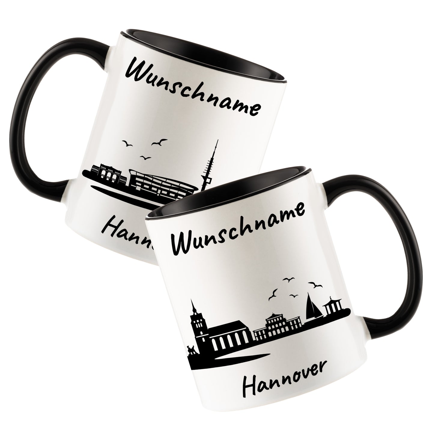 Tasse in Schwarz 330ml bedruckt mit der Skyline von Hannover personalisierbar mit Wunschname
