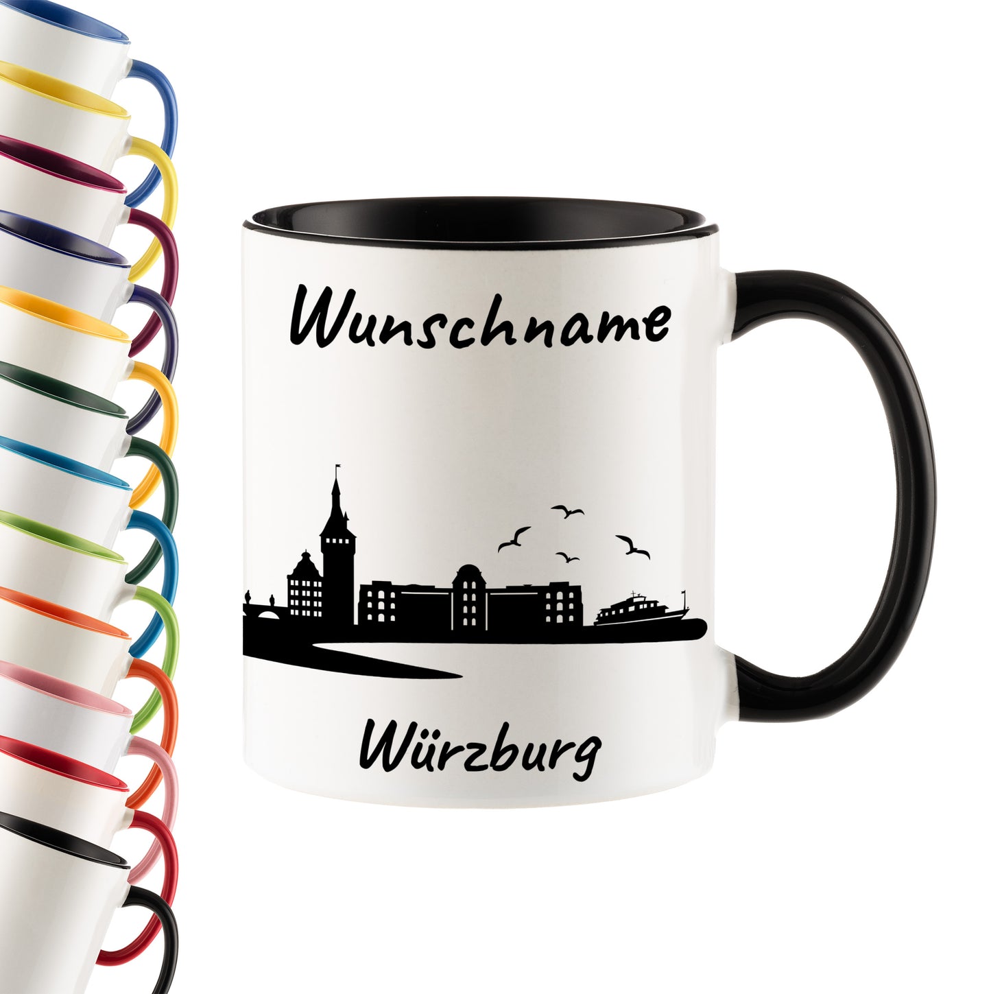 Tasse in Schwarz 330ml bedruckt mit der Skyline von Würzburg personalisierbar mit Wunschname