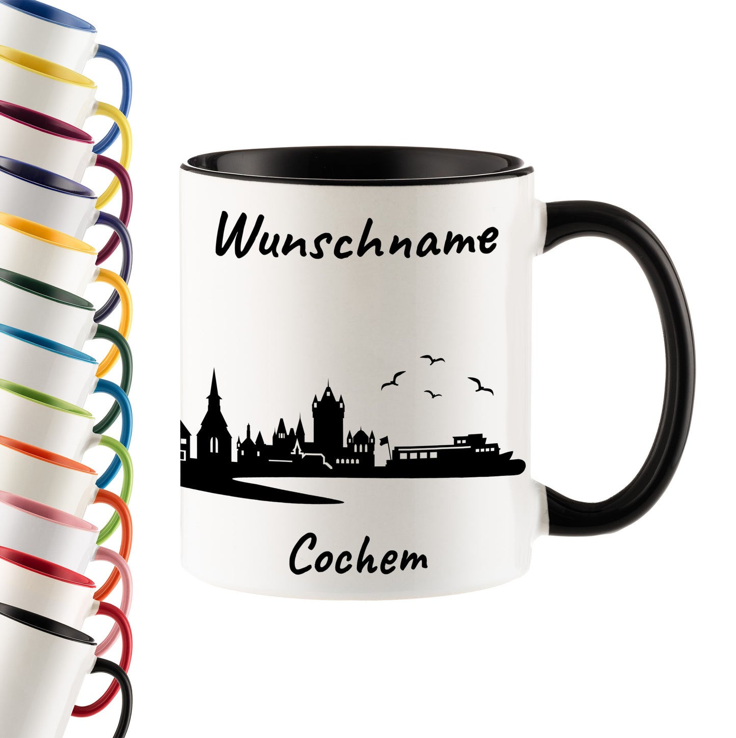 Tasse in Schwarz 330ml bedruckt mit der Skyline von Cochem personalisierbar mit Wunschname