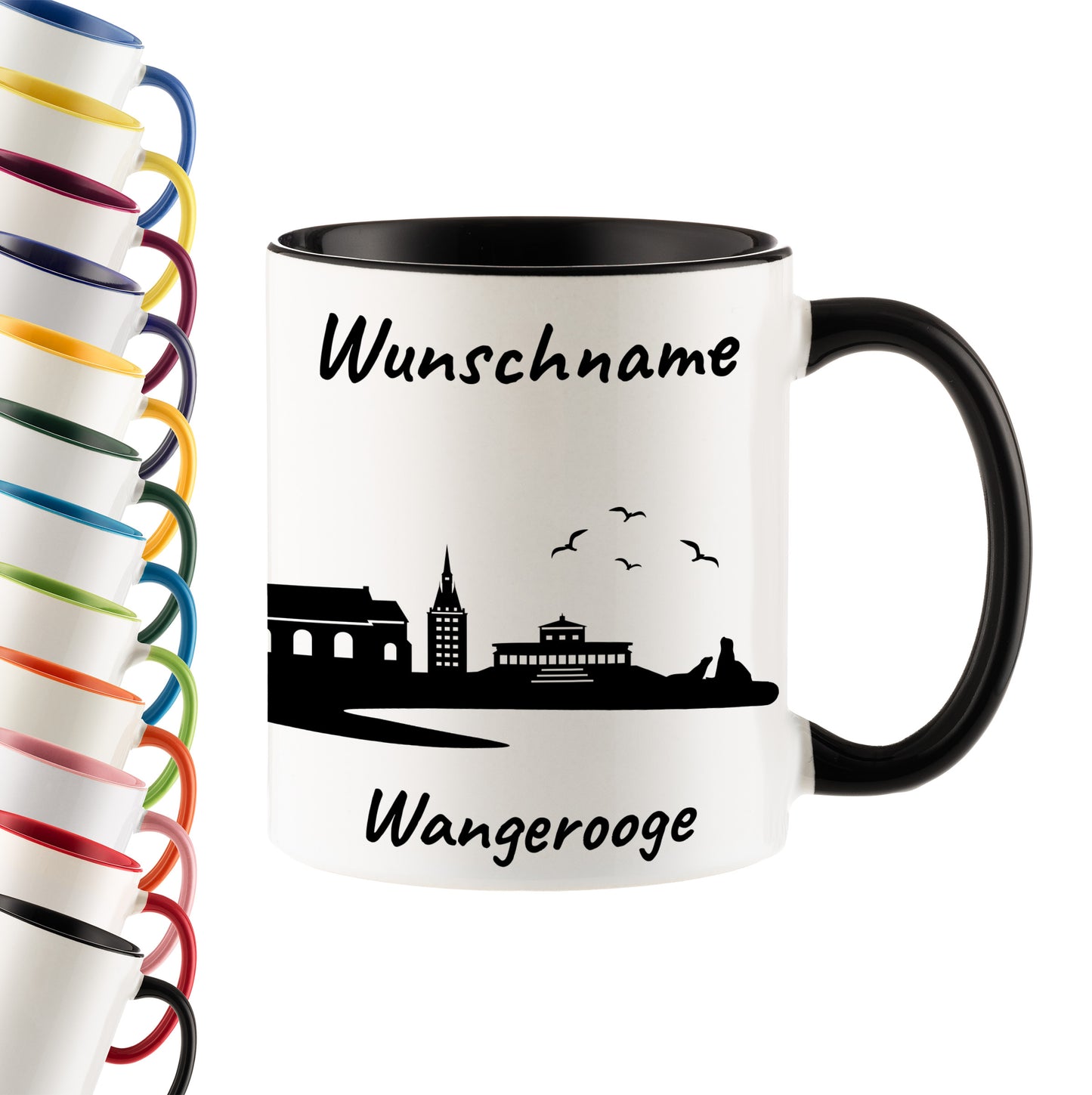 Tasse in Schwarz 330ml bedruckt mit der Skyline von Wangerooge personalisierbar mit Wunschname