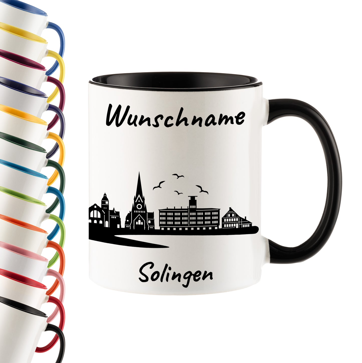 Tasse in Schwarz 330ml bedruckt mit der Skyline von Solingen personalisierbar mit Wunschname