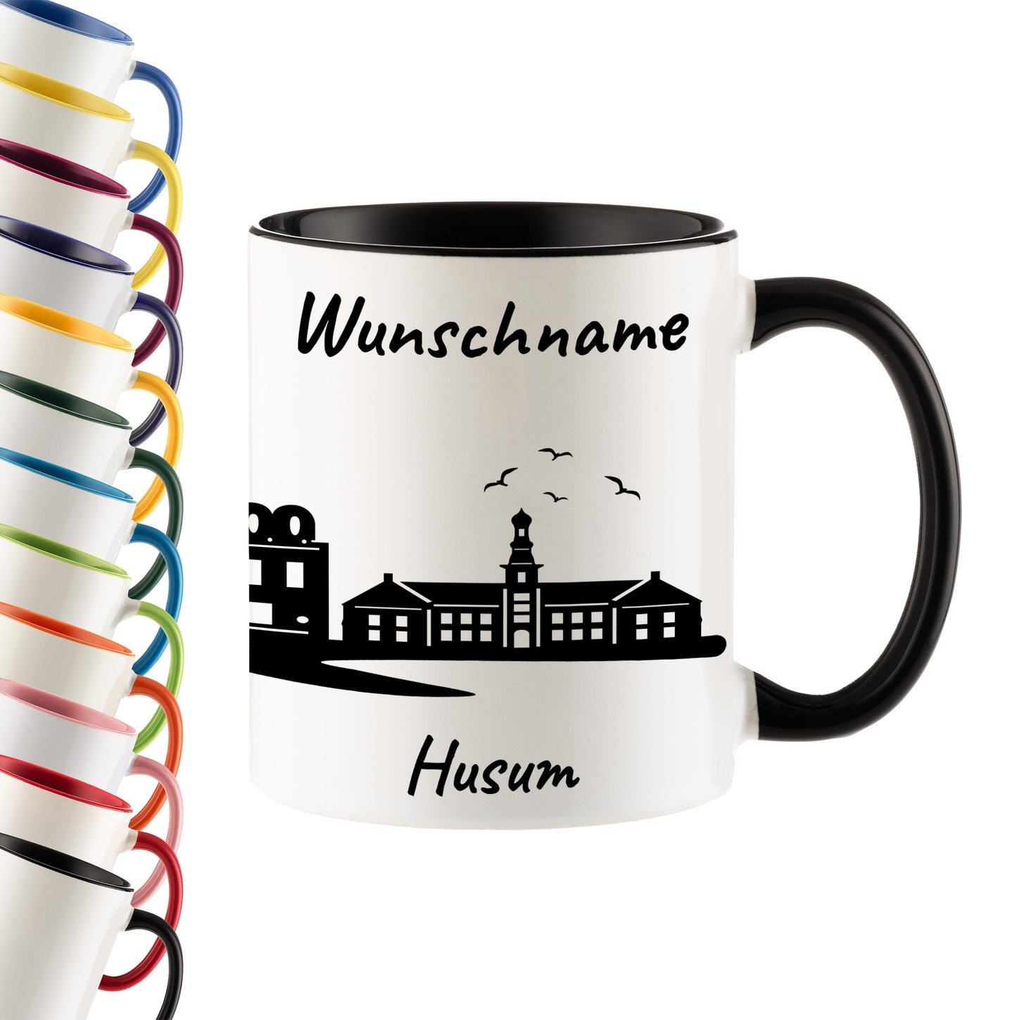 Tasse in Schwarz 330ml bedruckt mit der Skyline von Husum personalisierbar mit Wunschname