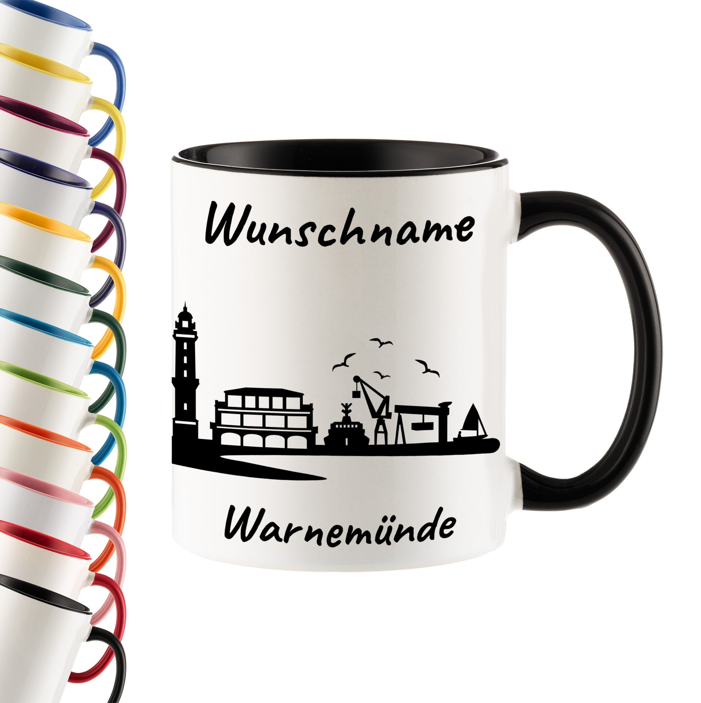 Tasse in Schwarz 330ml bedruckt mit der Skyline von Warnemünde personalisierbar mit Wunschname