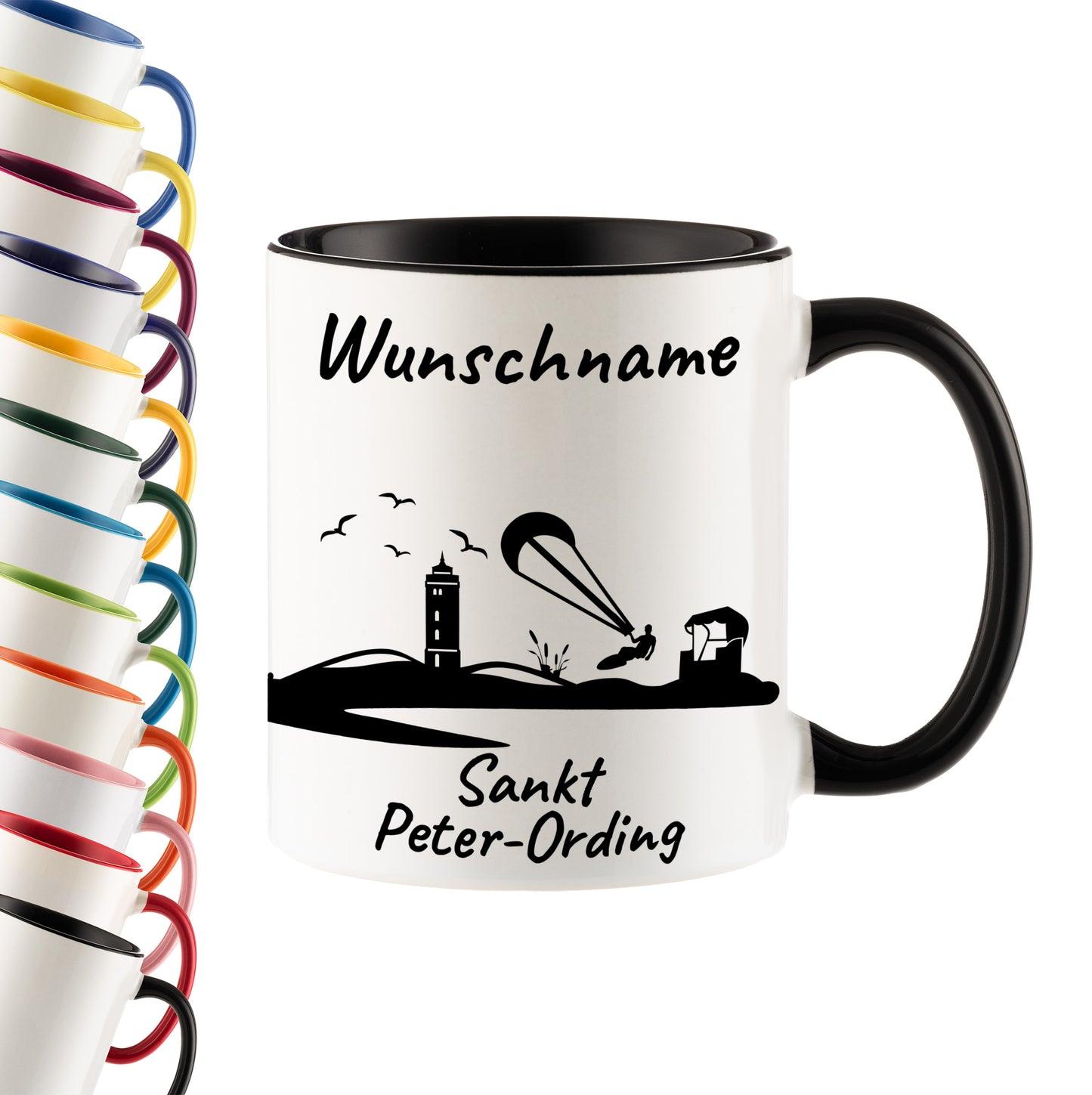 Tasse in Schwarz 330ml bedruckt mit der Skyline von Sankt Peter-Ording personalisierbar mit Wunschname