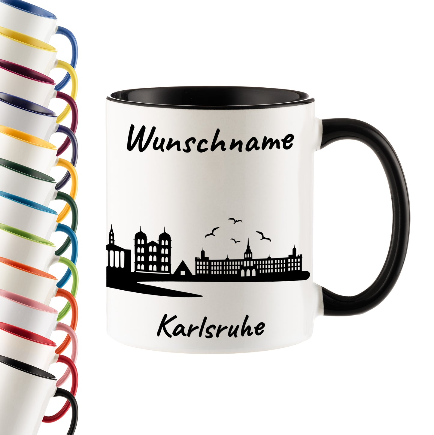 Tasse in Schwarz 330ml bedruckt mit der Skyline von Karlsruhe personalisierbar mit Wunschname