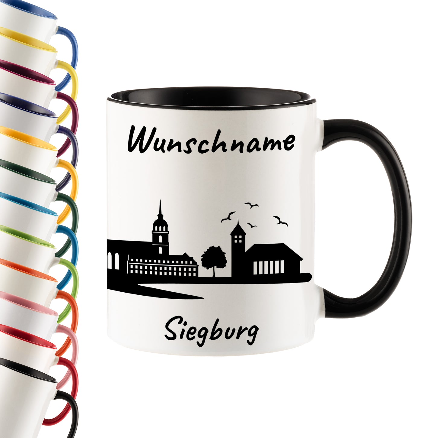 Tasse in Schwarz 330ml bedruckt mit der Skyline von Siegburg personalisierbar mit Wunschname
