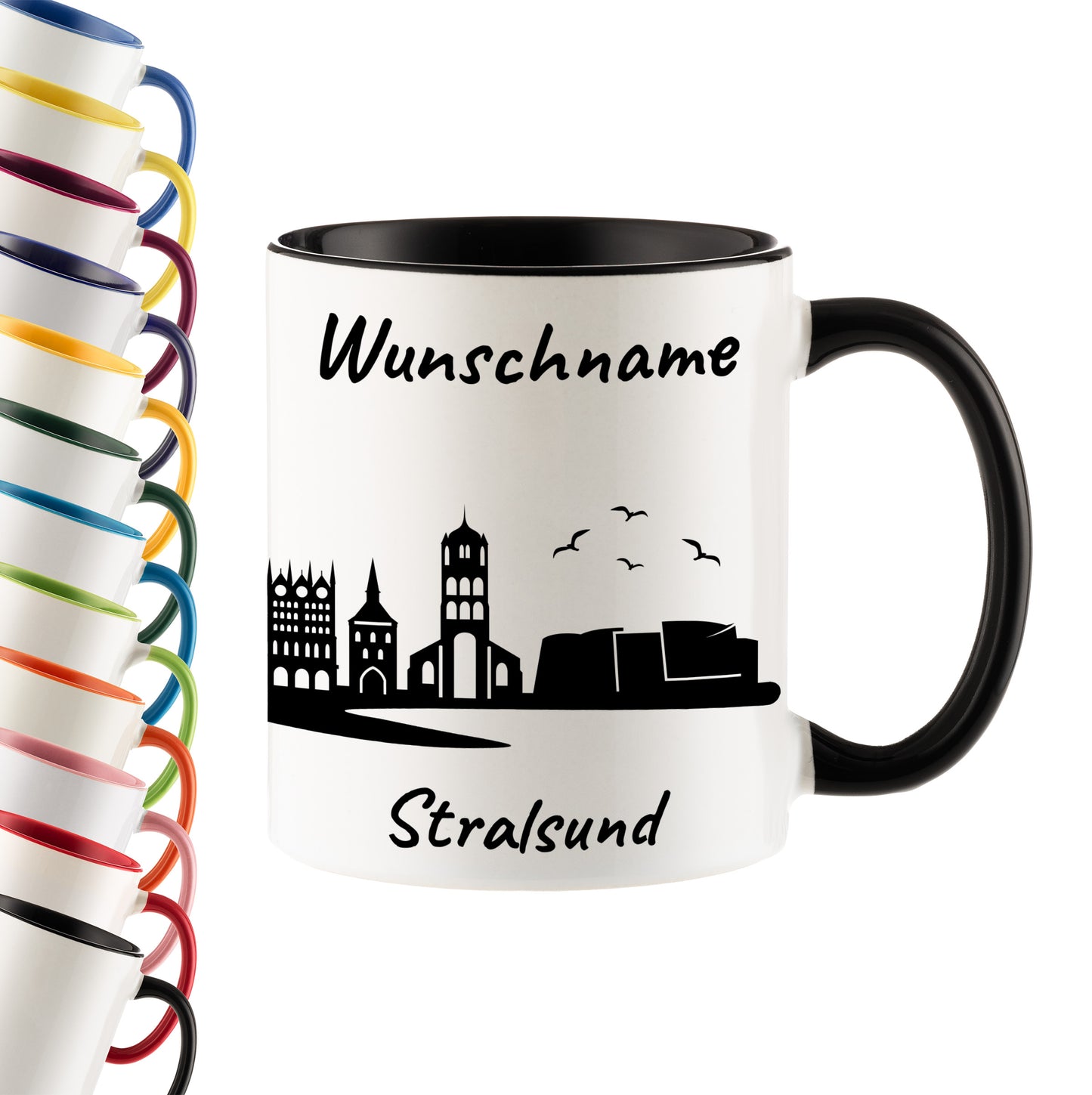 Tasse in Schwarz 330ml bedruckt mit der Skyline von Stralsund personalisierbar mit Wunschname