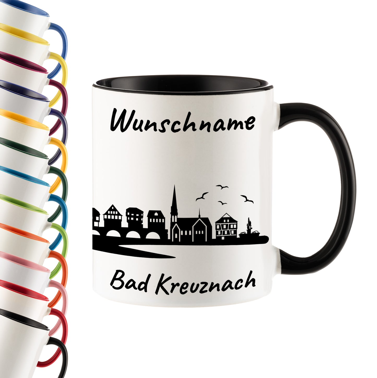 Tasse in Schwarz 330ml bedruckt mit der Skyline von Bad Kreuznach personalisierbar mit Wunschname