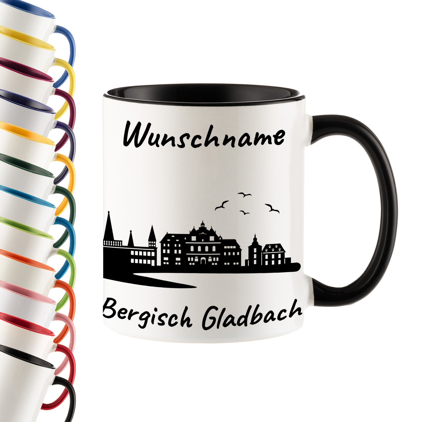 Tasse in Schwarz 330ml bedruckt mit der Skyline von Bergisch Gladbach personalisierbar mit Wunschname