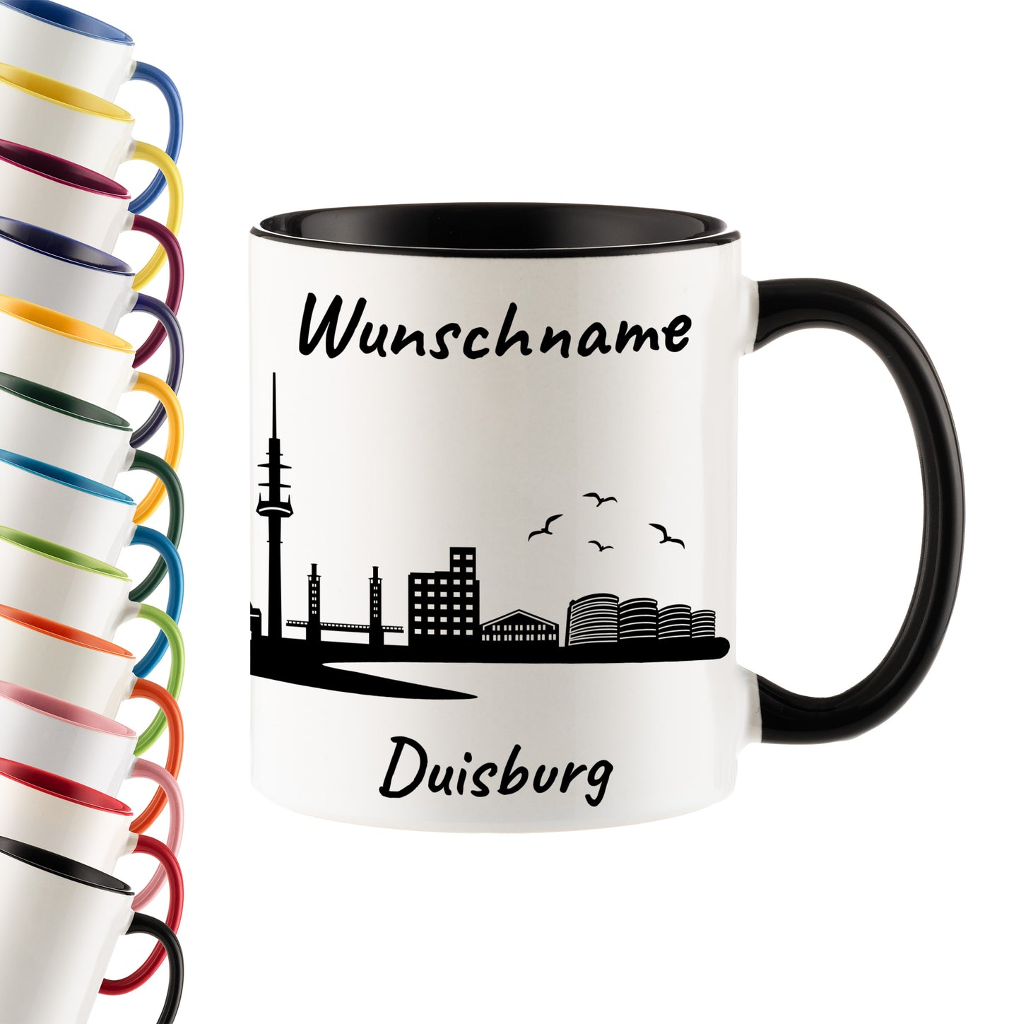 Tasse in Schwarz 330ml bedruckt mit der Skyline von Duisburg personalisierbar mit Wunschname