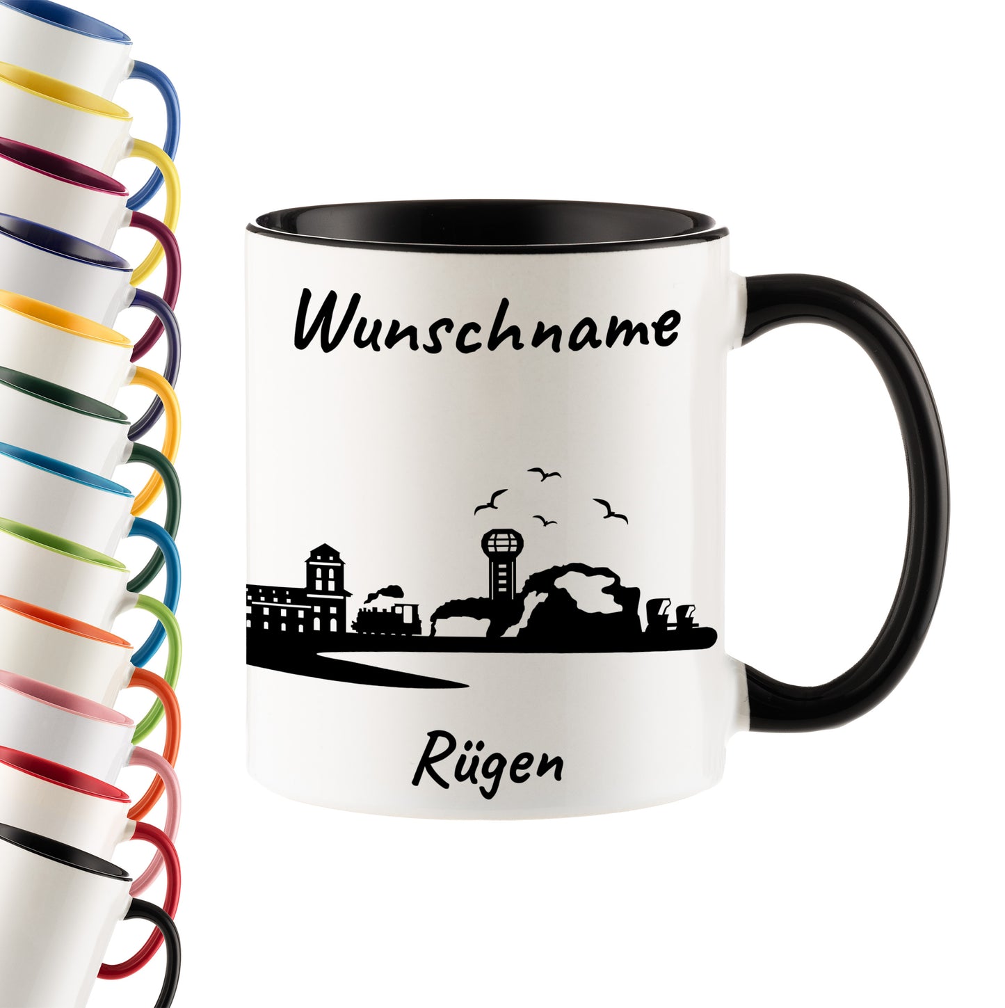 Tasse in Schwarz 330ml bedruckt mit der Skyline von Rügen personalisierbar mit Wunschname