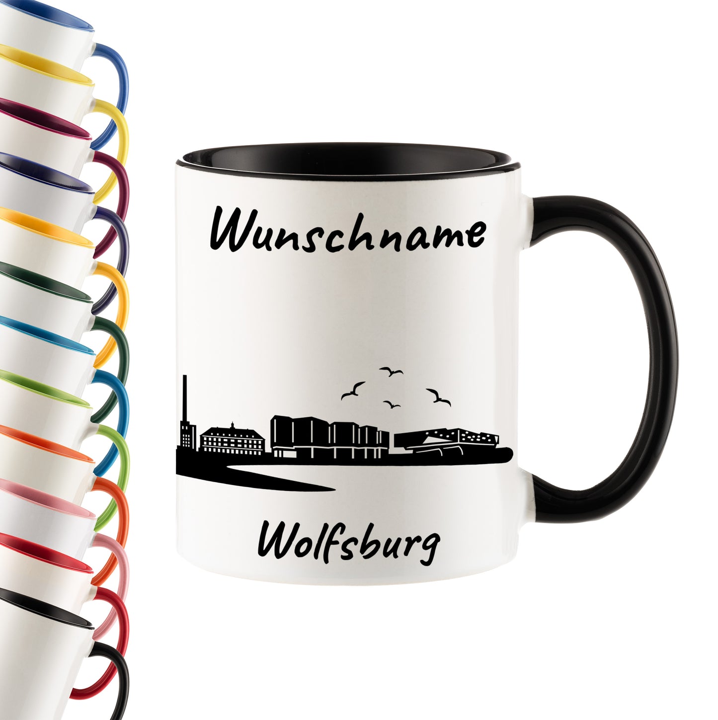 Tasse in Schwarz 330ml bedruckt mit der Skyline von Wolfsburg personalisierbar mit Wunschname