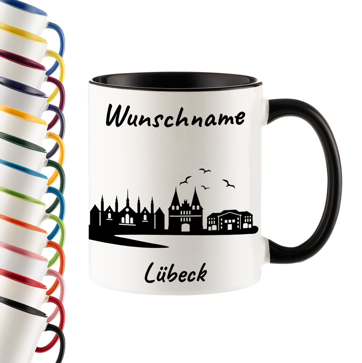 Tasse in Schwarz 330ml bedruckt mit der Skyline von Lübeck personalisierbar mit Wunschname